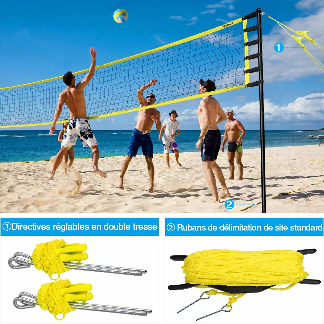 Vanku Filet de Badminton Volley-Ball Tennis Extérieurs Portable Réglable en Hauteur 9.75M x 0.9M