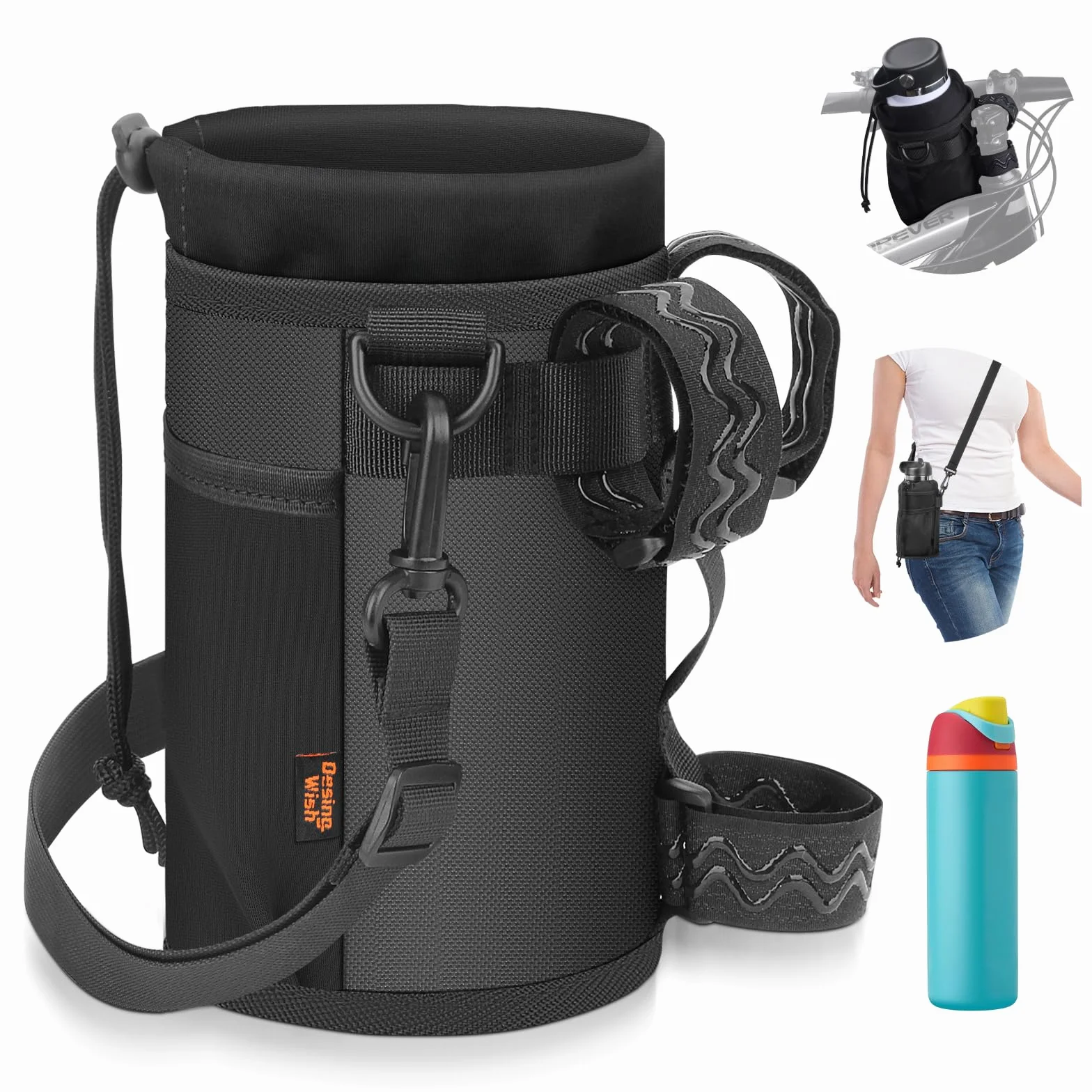 Porte Gourde Velo 12-24oz Sans Vis avec Poche en Maille et Bandoulière pour Bouteille de Vélo