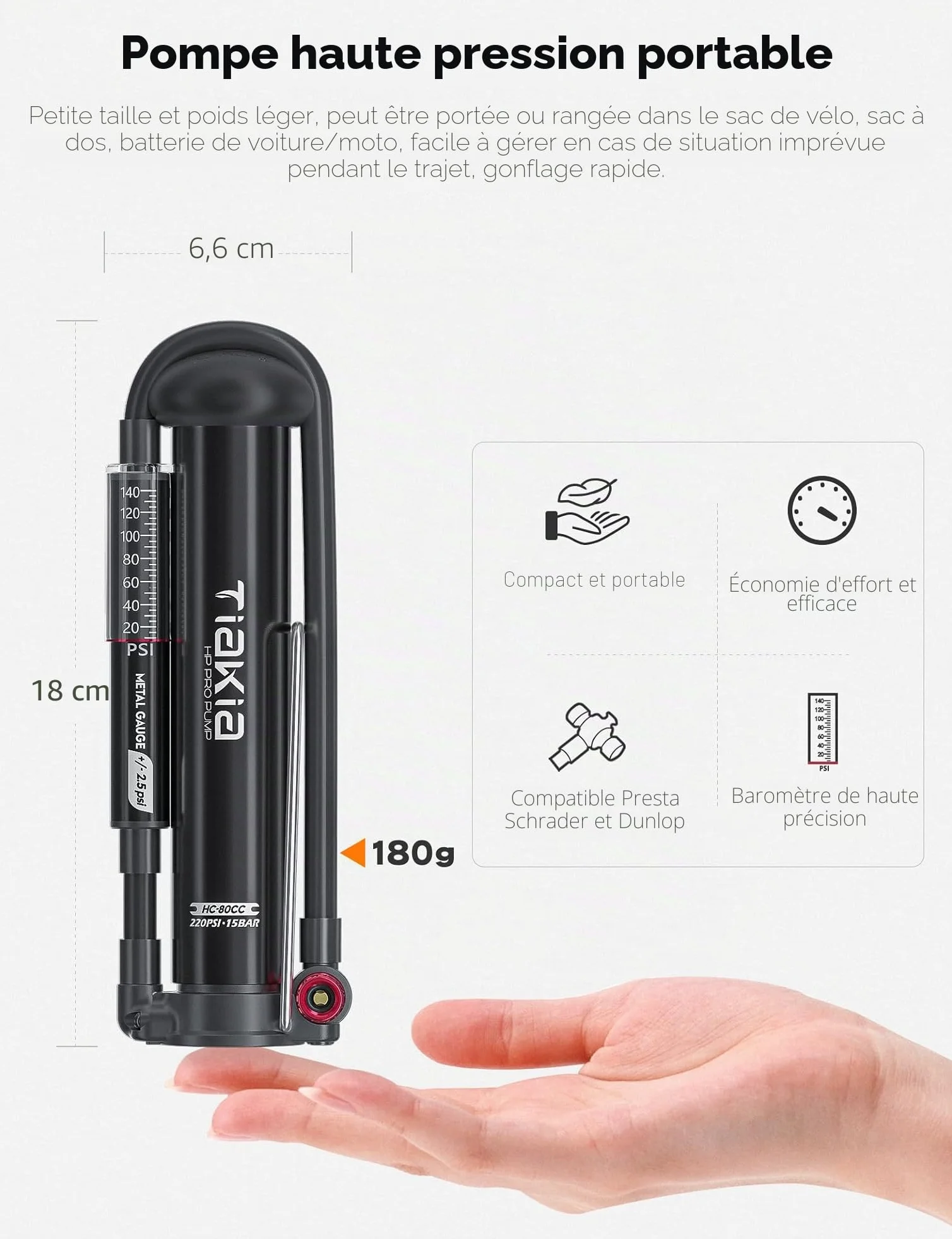 Pompe à Vélo avec Manomètre, Aluminium Mini Pompe Vélo Pied Valve Schrader Presta pour Route VTT