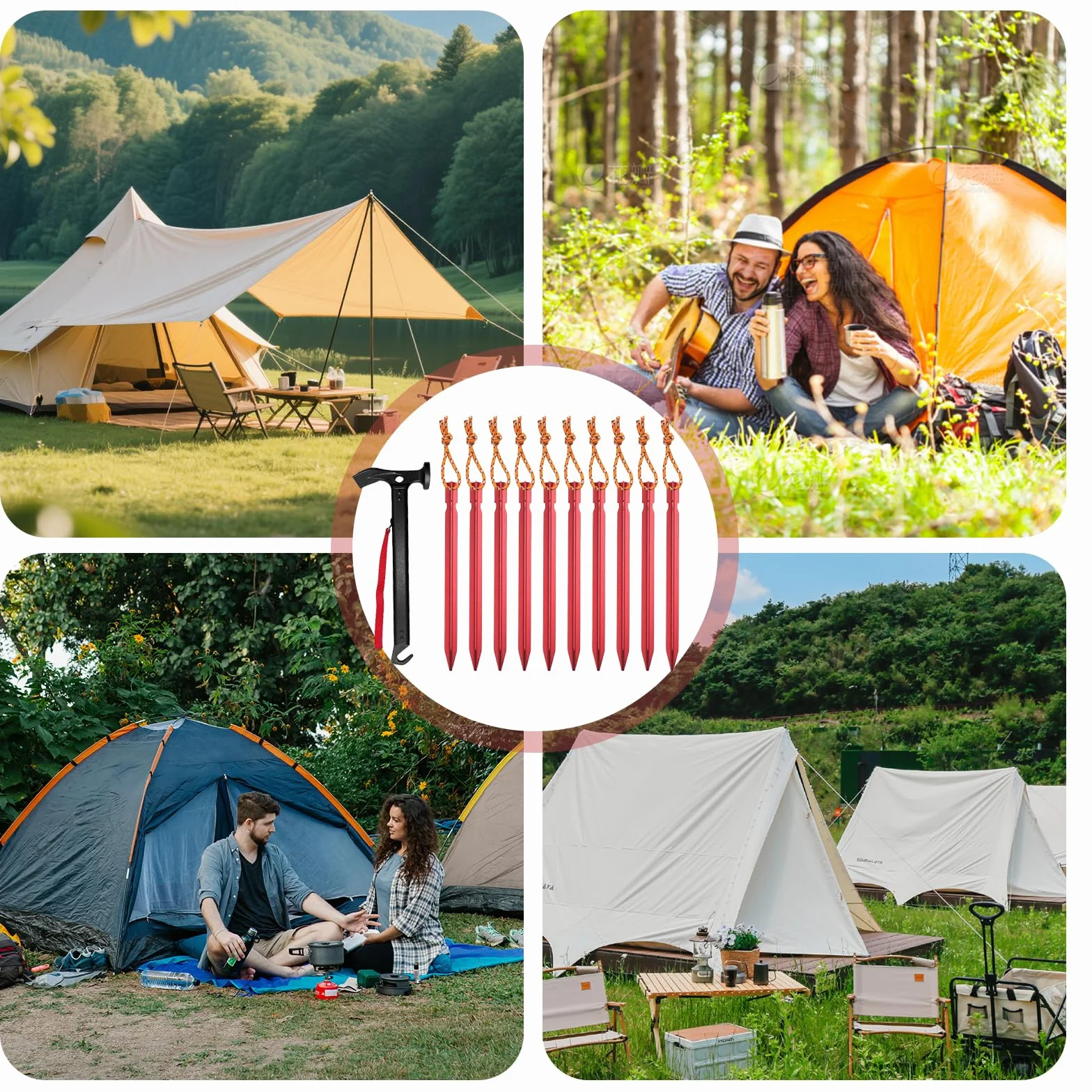 Marteaux de camping avec 10 piquets de tente : marteau de camping en aluminium robuste, facile à transporter, marteau de tente multifonctionnel, sac de rangement, pour le camping en plein