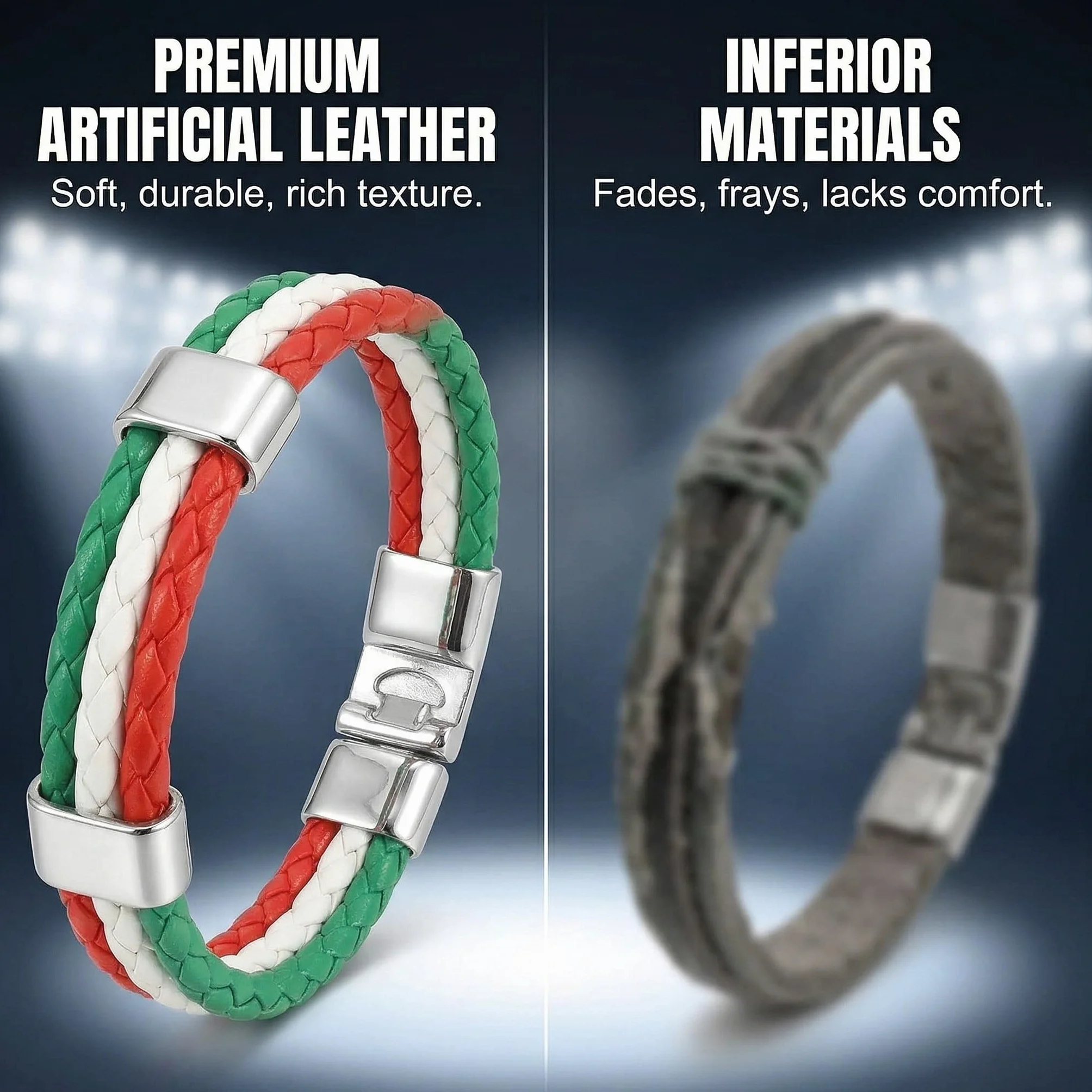 Bracelets Italie Supporter Simili-Cuir Tressé Drapeau Italien Tricolore 22cm