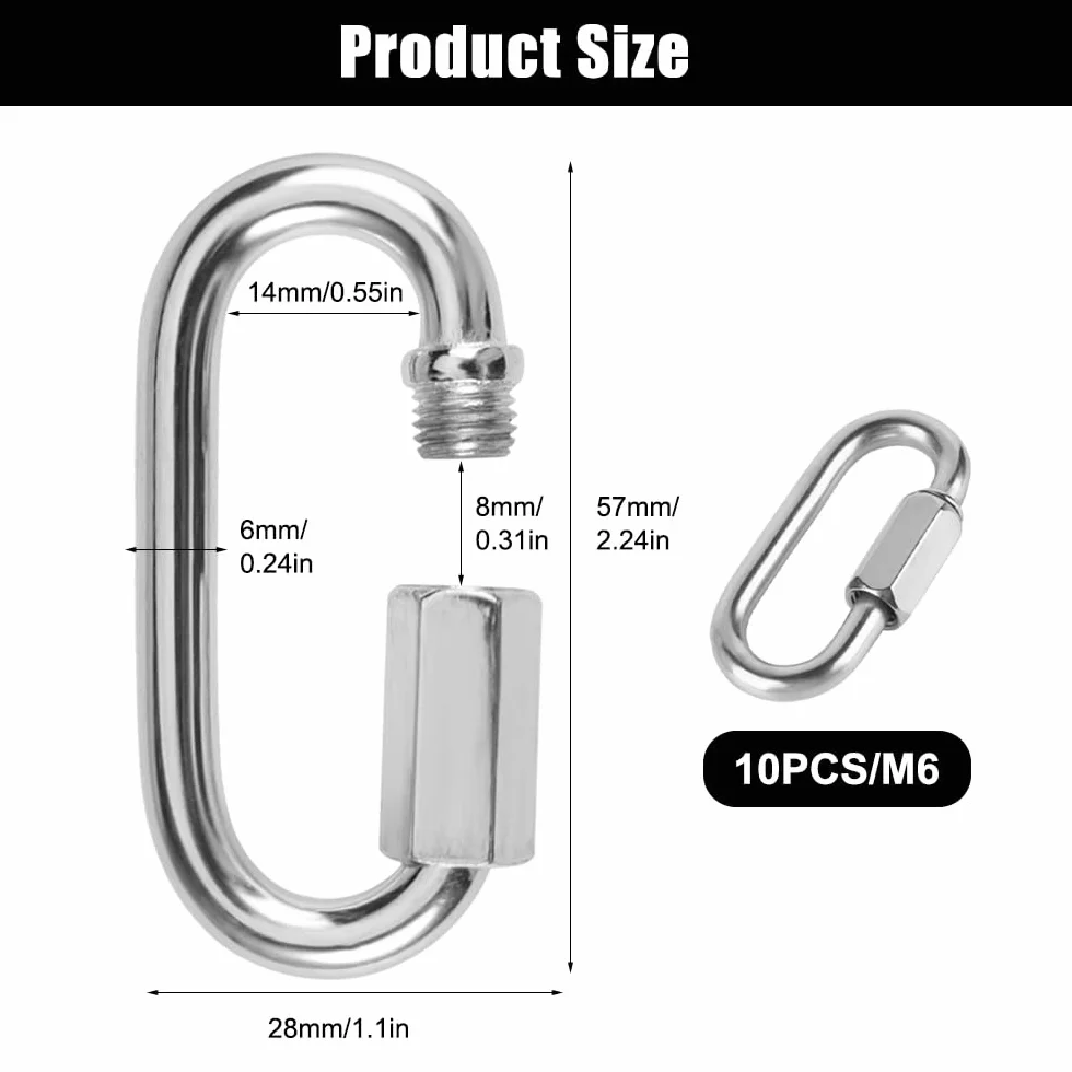 Mousquetons Escalade Ovale INOX M6 Maillon Rapide Verrouillage à Vis 10 Pièces