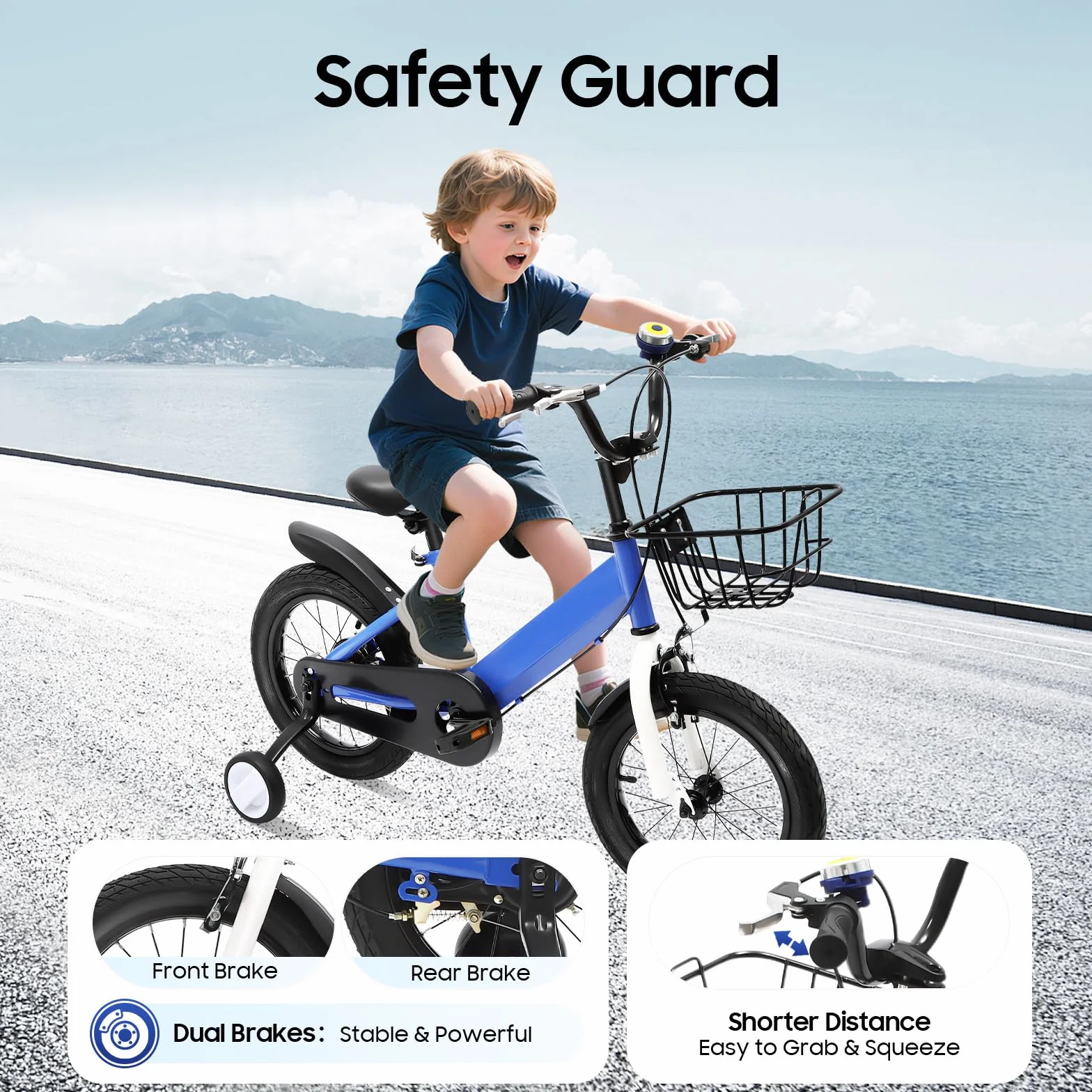 Vélo enfant 14 pouces avec roues stabilisatrices et panier, hauteur réglable, bleu
