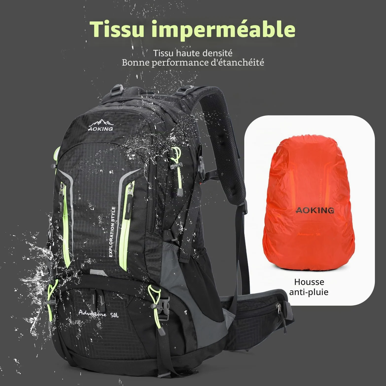 Aoking, Sac à dos de randonnée/escalade, 40L_YJN79807,50L_YJN67363, éléments standard : panneau en maille Airflow amovible, étanche, sifflet SOS, protection contre la pluie, options : poche à eau 2