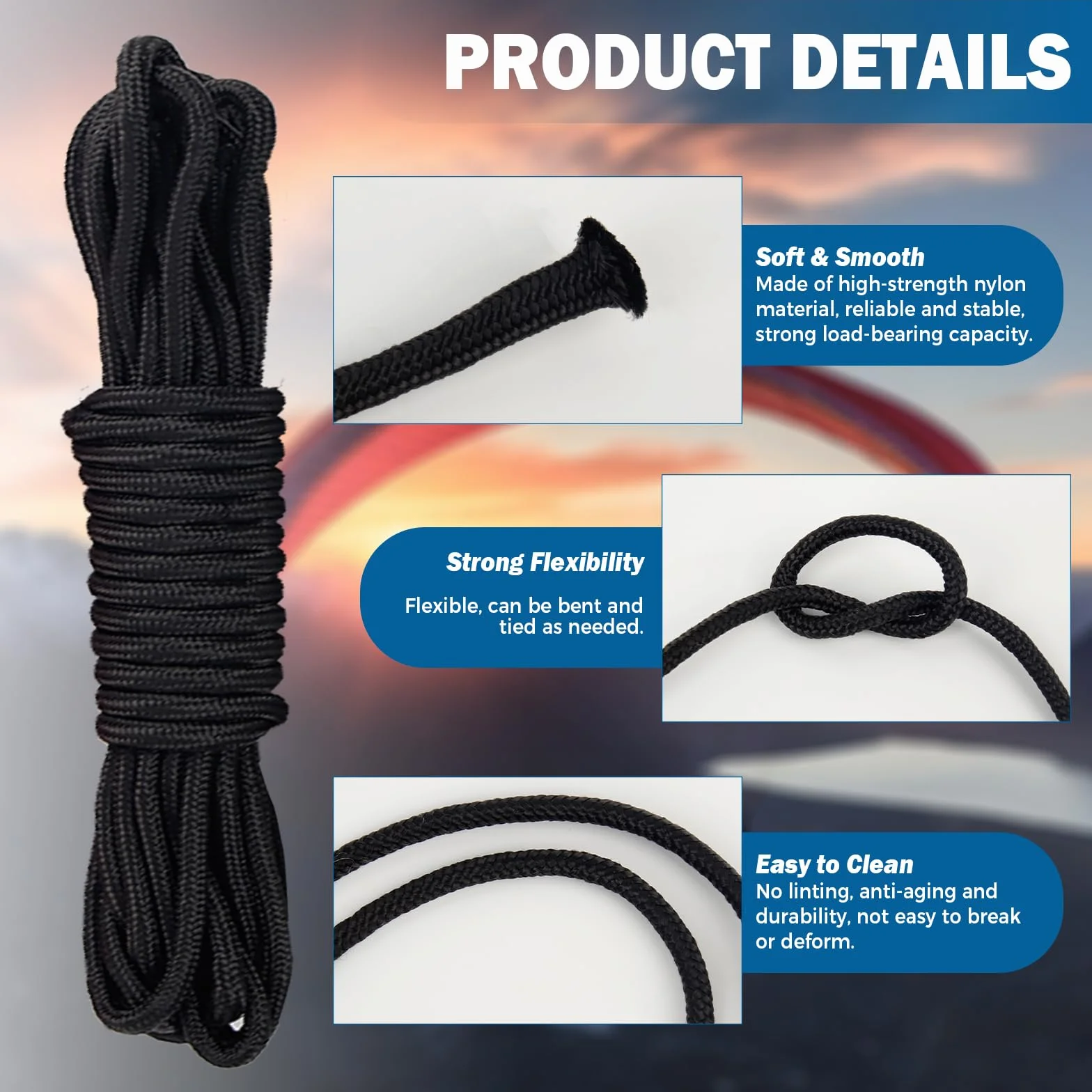 Corde en Nylon 10M Noir Polypropylène Corde de Rappel Flottaison Ancrage 6 Boucles Alpinisme Camping Extérieur