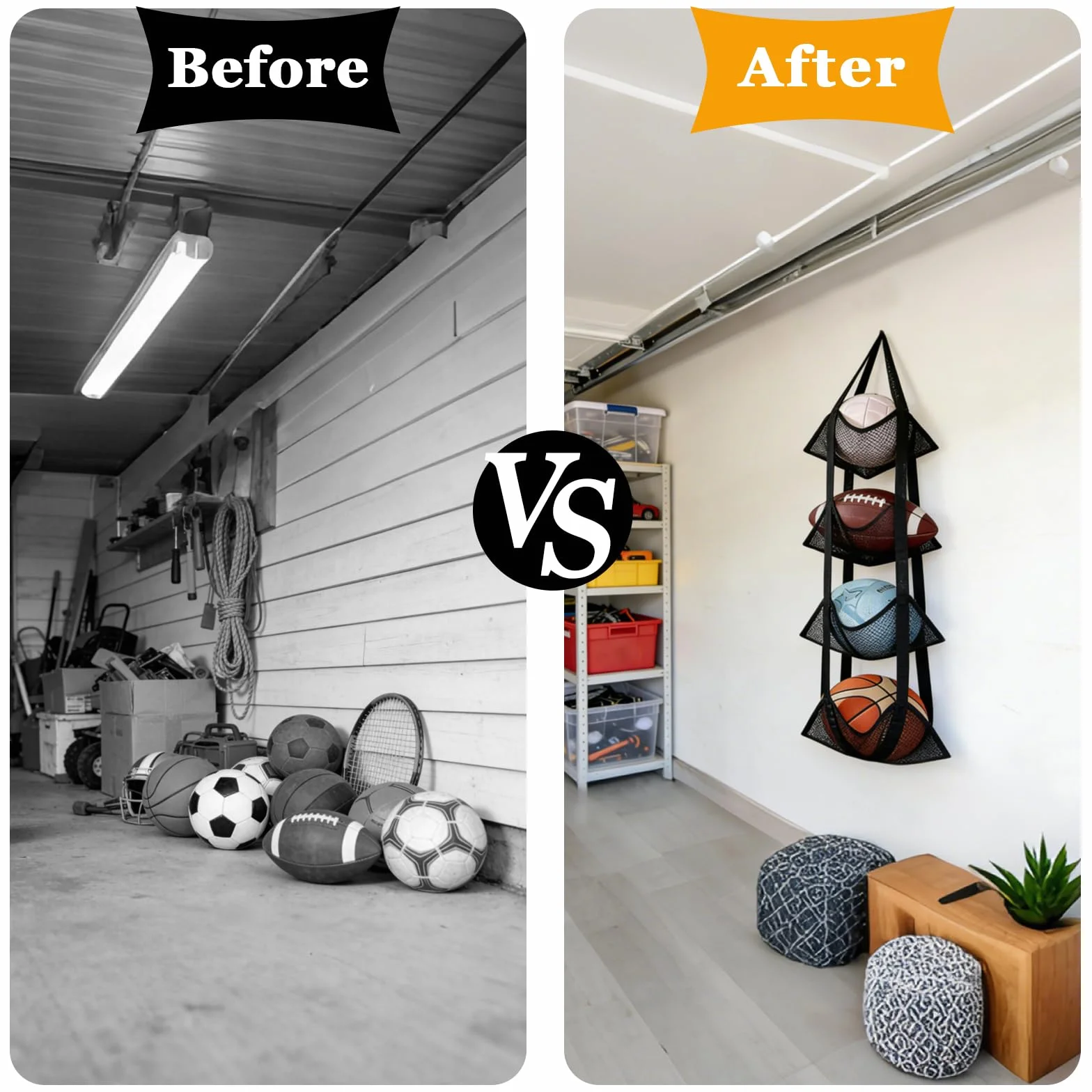 Rangement Ballon Mural Suspendu 4 Niveaux, Support Ballon en Nylon pour Basketball Football Volleyball, Organisateur Garage Cave (Noir)