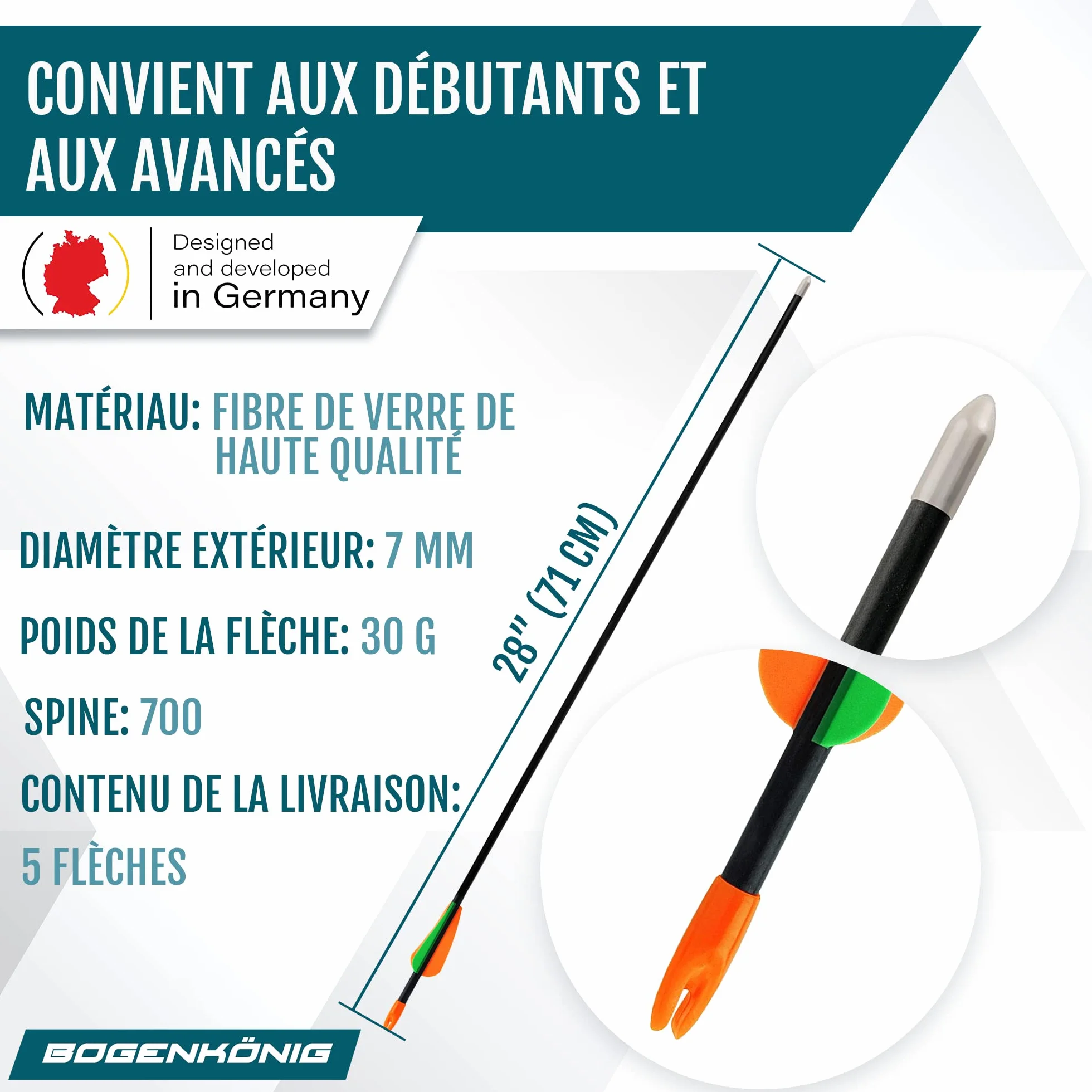 Flèches Tir à l'arc Fibre de Verre Pointe Métal 28 Pouces Lot 5