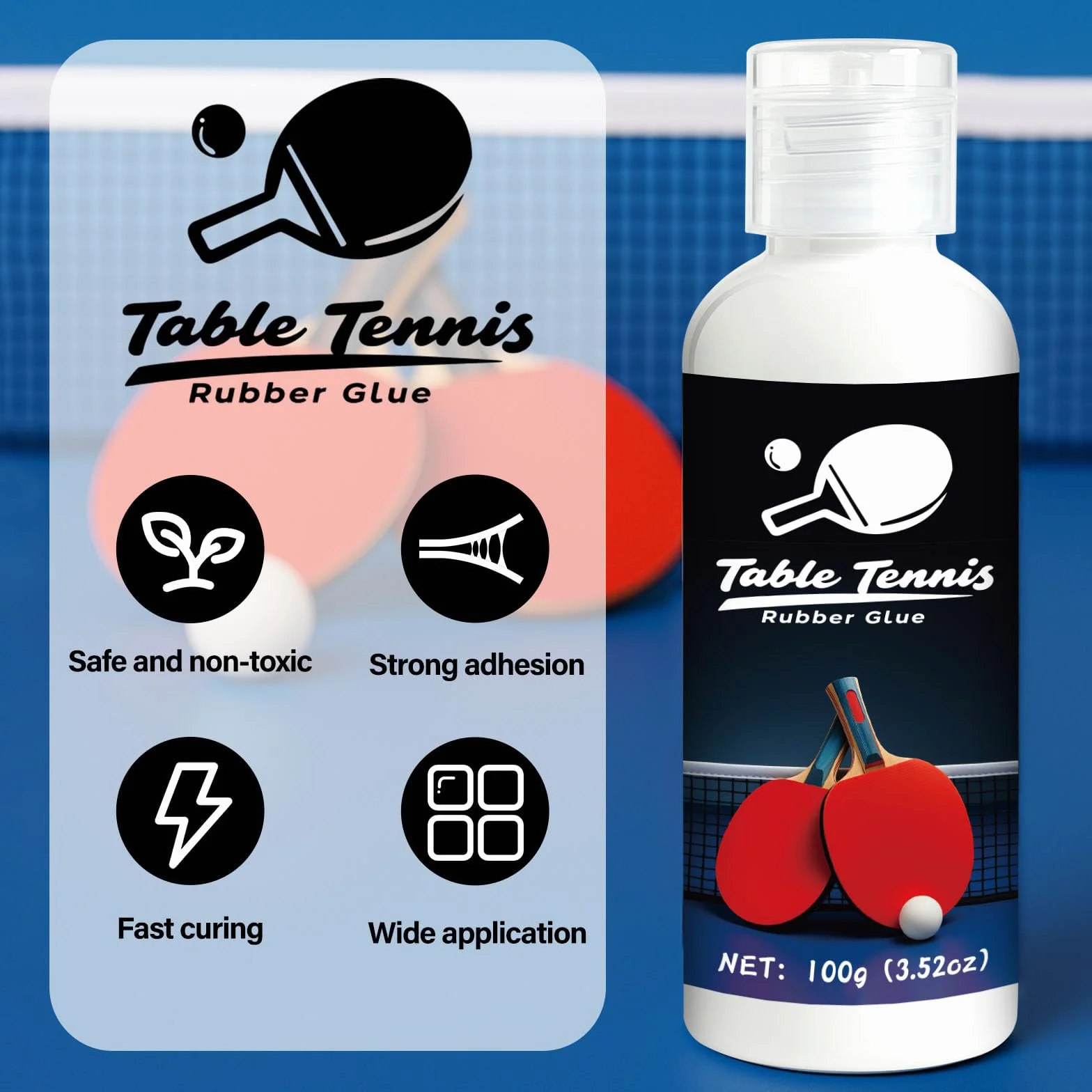 Colle de tennis de table 100 ml caoutchouc pour raquette avec 4 éponges