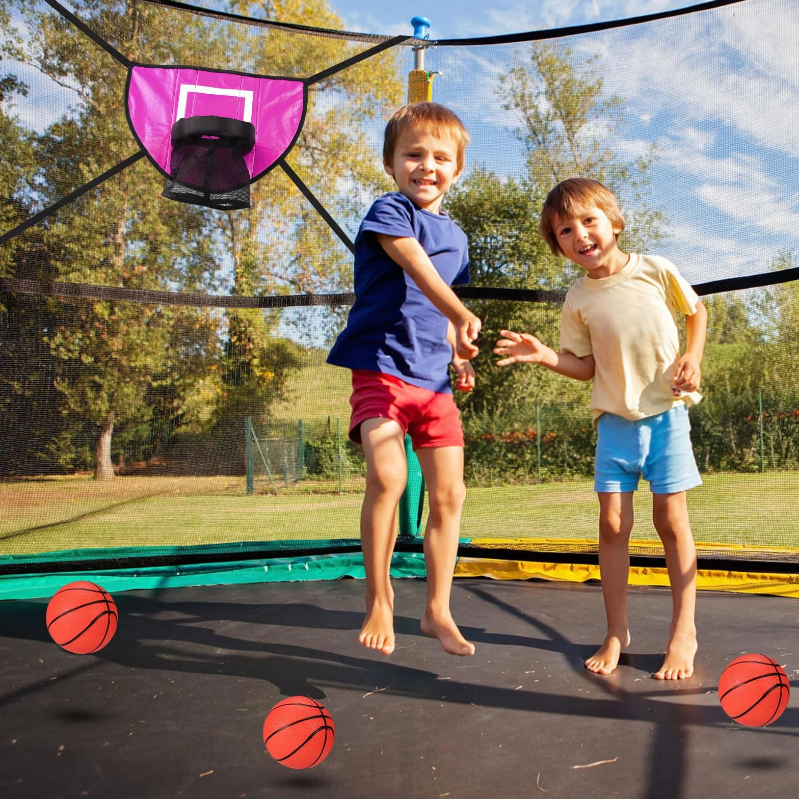 Ensemble de Fixation Panier Basket-Ball Trampoline avec 3 Mini Ballons et Pompe, Rose