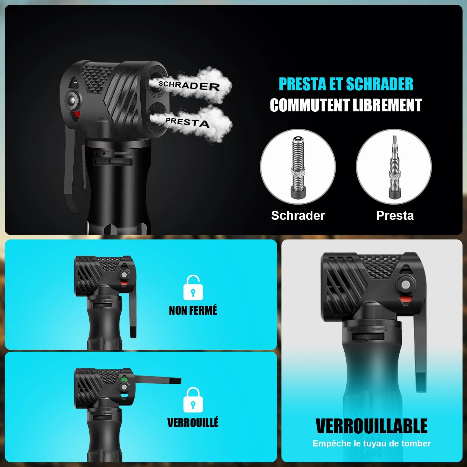 Pompe a Velo Avec Manometre, Mini Pompe à Main 100Psi, Portable Gonfleur Velo Double Soupape