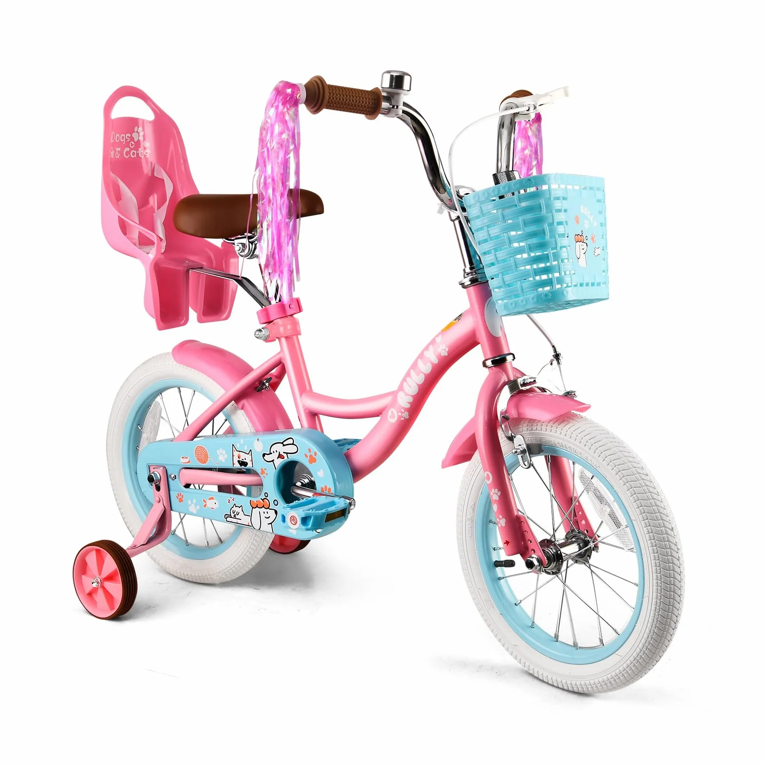 RULLY Vélo Fille 12–16 Pouces avec Roulettes Stabilisatrices, Panier et Siège Poupée – Vélo Enfant Multicolore 2–6 Ans