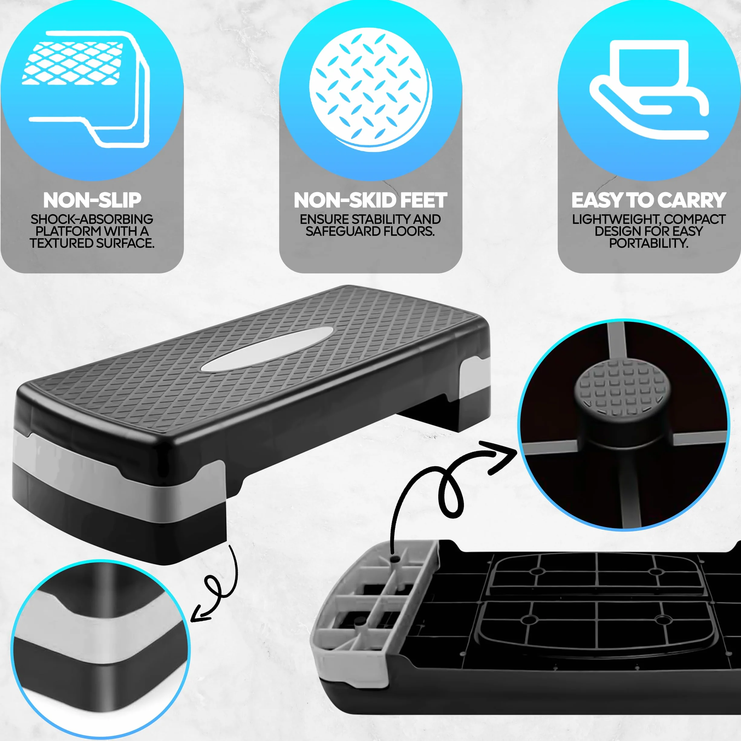 TechFit Stepper Aérobic Ajustable avec Trépieds - Hauteur Réglable, Surface Antidérapante, Poids Max 120kg, Pliable, Compact