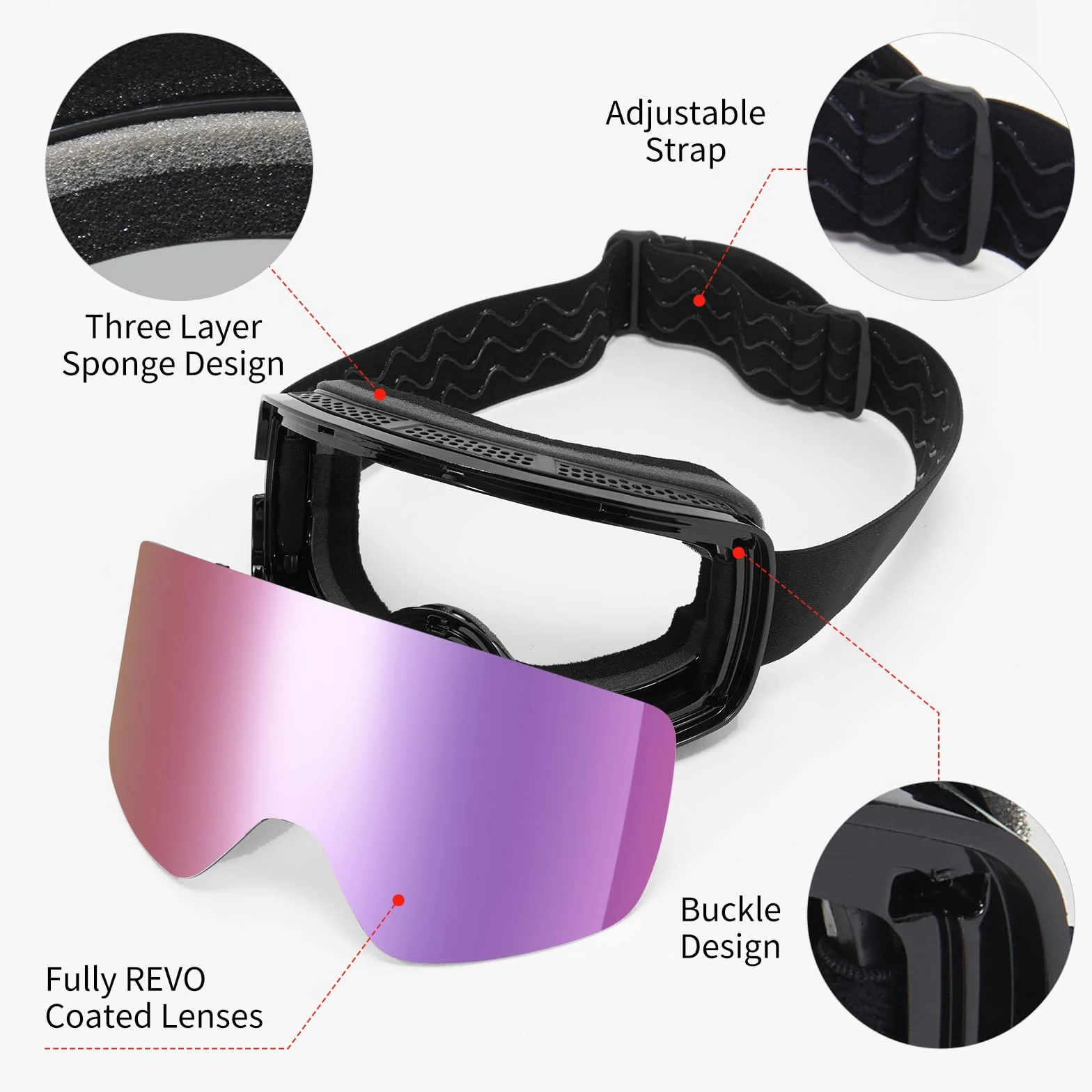 Masque de Ski YH227 OTG Ajustables Anti-UV Anti-Buée Lunettes de Snowboard pour Hommes Femmes