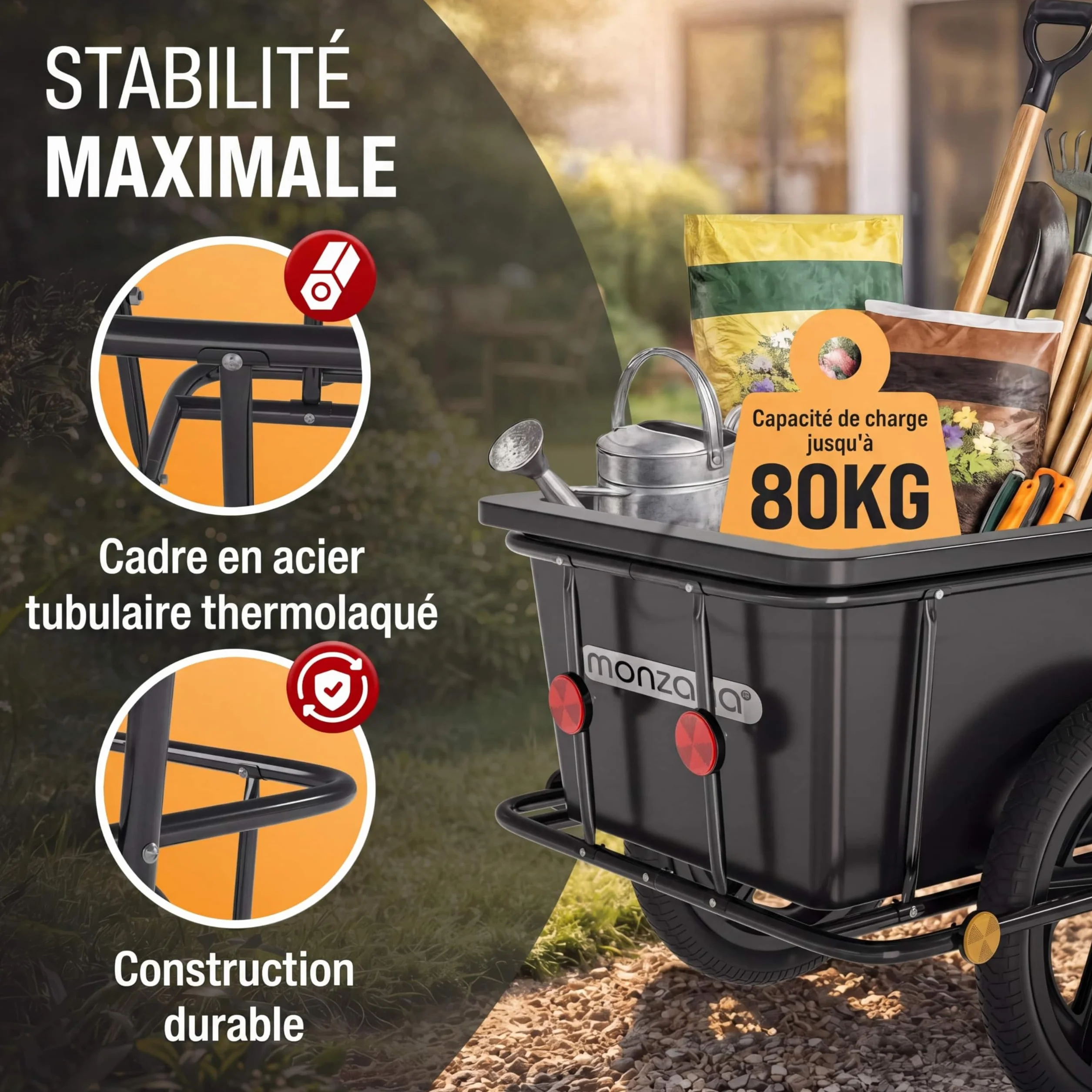 MONZANA Remorque Vélo Cuve 90L Amovible Bâche Barre Attelage Rotatif Réflecteurs Transport Chariot 80kg