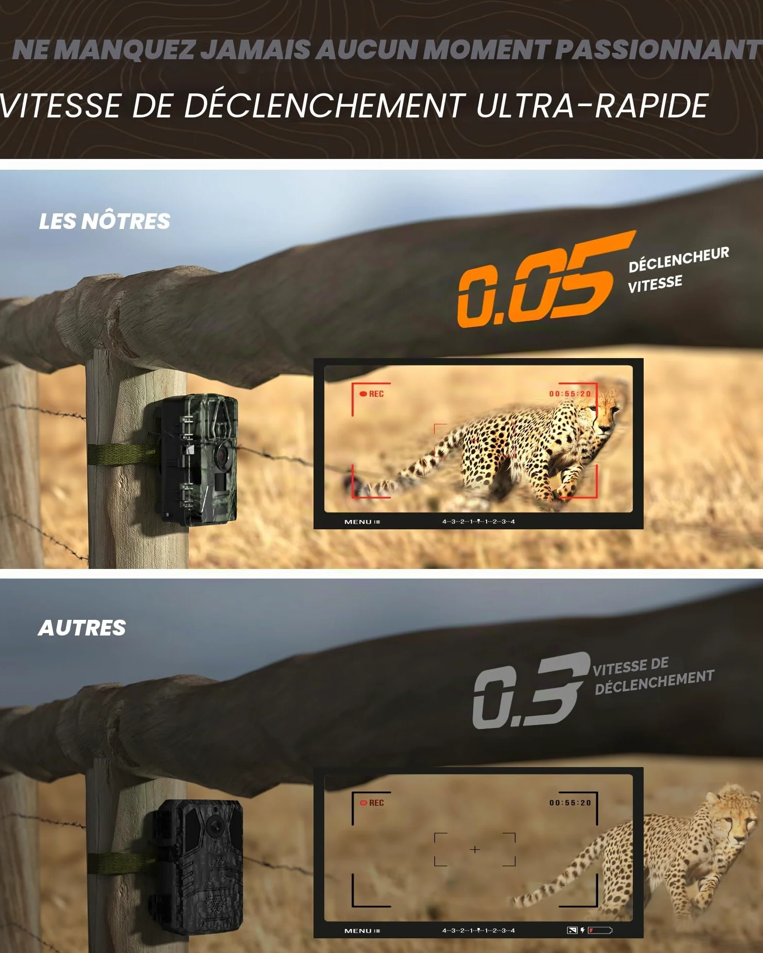 Camera de Chasse connectée téléphone, 8K 60MP caméra de Chasse avec Vision Nocturne, détection de Mouvement, Grand Angle 130°, Camera Chasse IP66 avec Carte SD 32 Go + 8 Piles AA