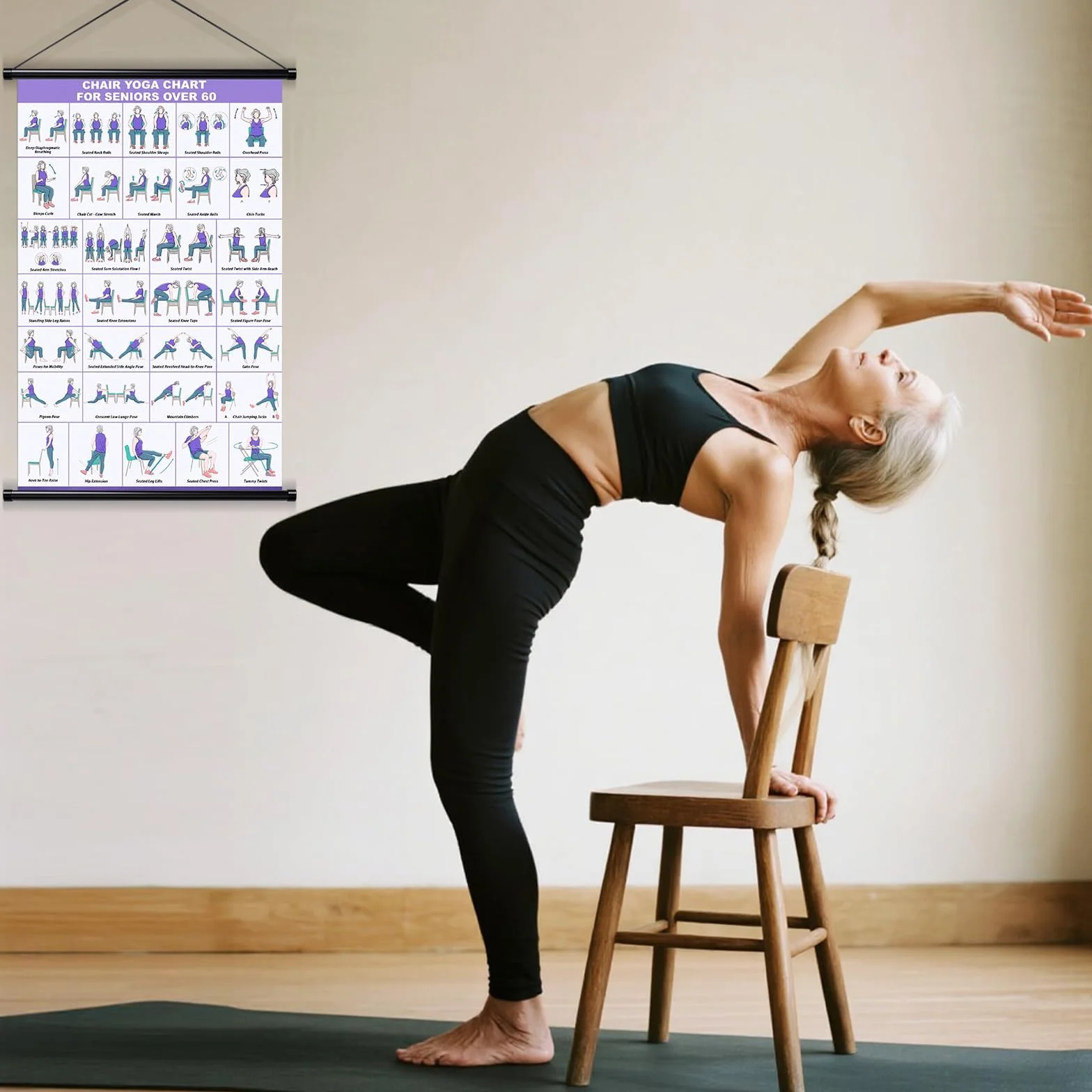 Affiche de yoga sur chaise pour seniors débutants – tableau mural en tissu avec barres de suspension – guide étirement sport maison