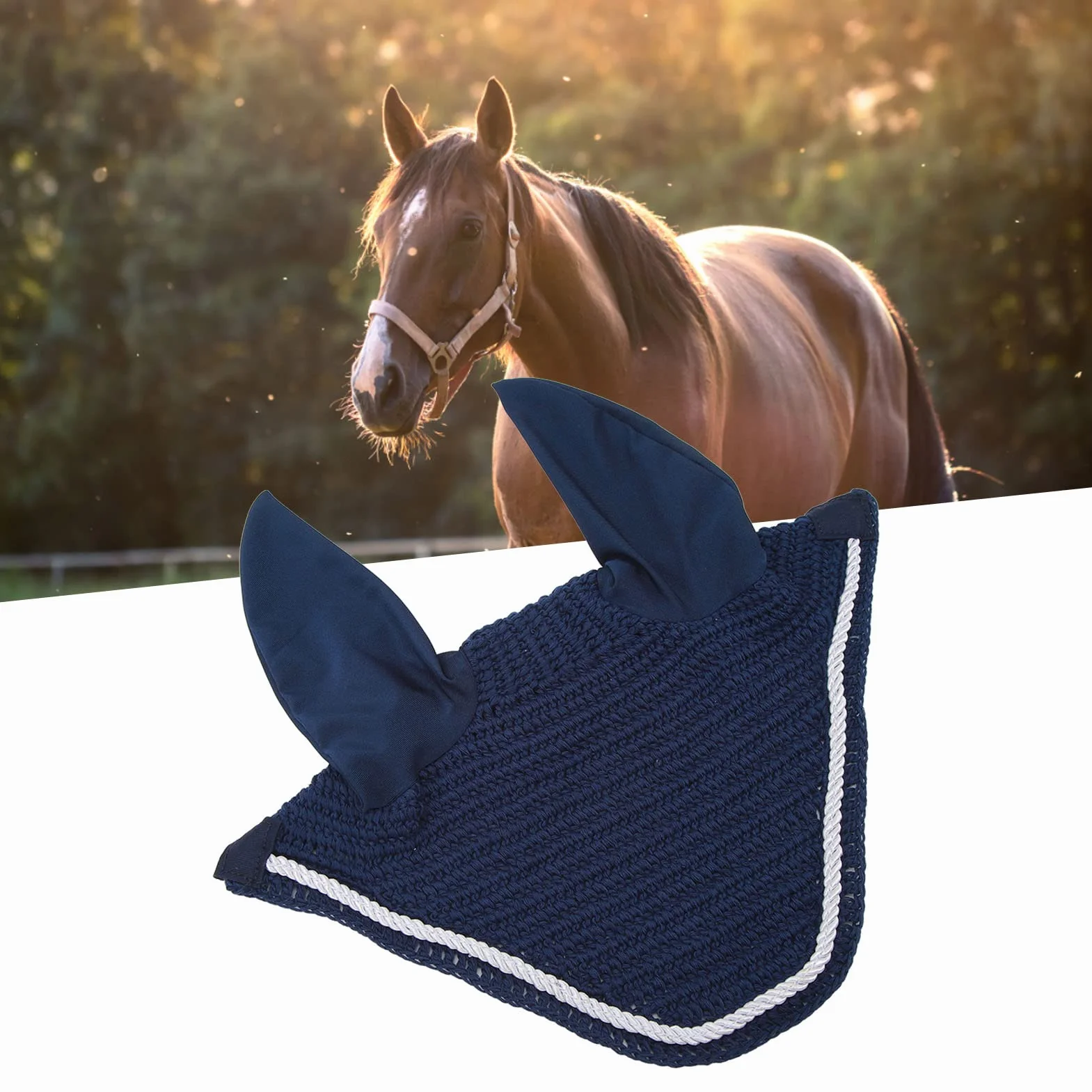 Alomejor Bonnet d'oreille de Cheval élastique, Filet d'oreille de Cheval, Crochet à la Main, Cache-Oreilles de Cheval pour Protéger Les Oreilles, Bleu Marine