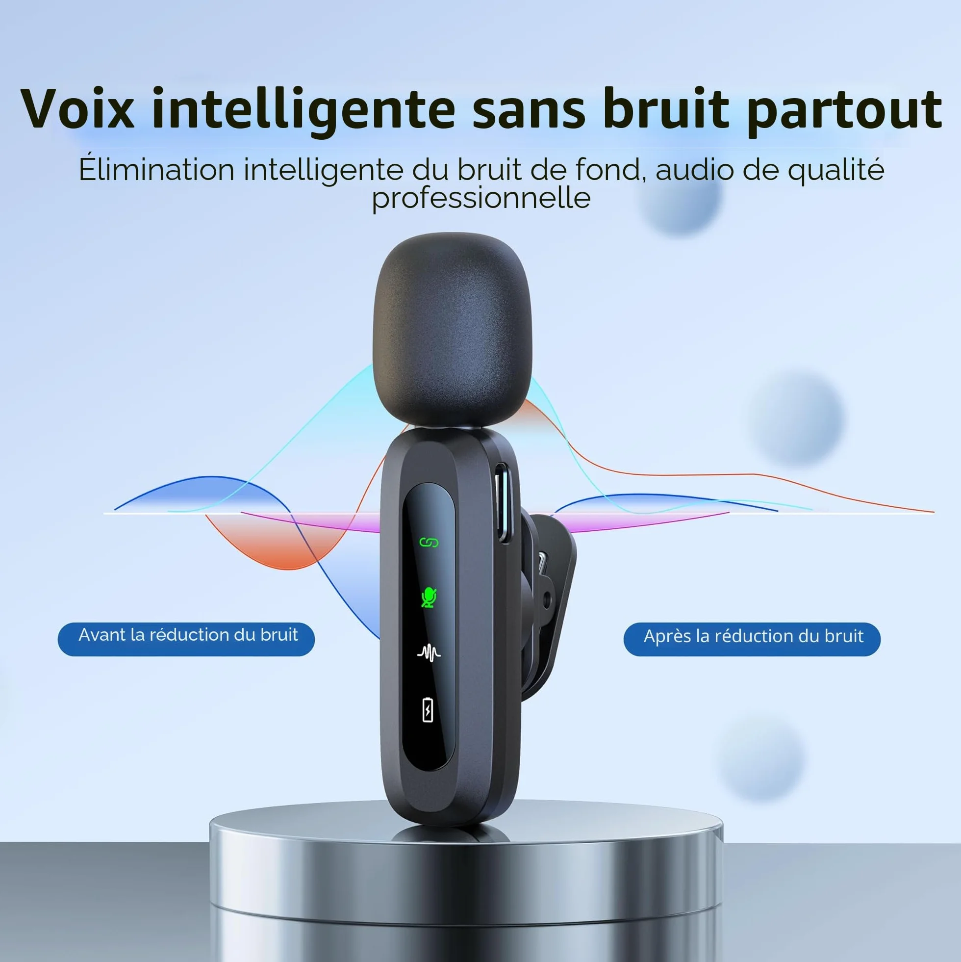 Microphone cravate sans fil pour iPhone USB-C, mini micro réduction bruit écran LED clip rotatif Vlog TikTok