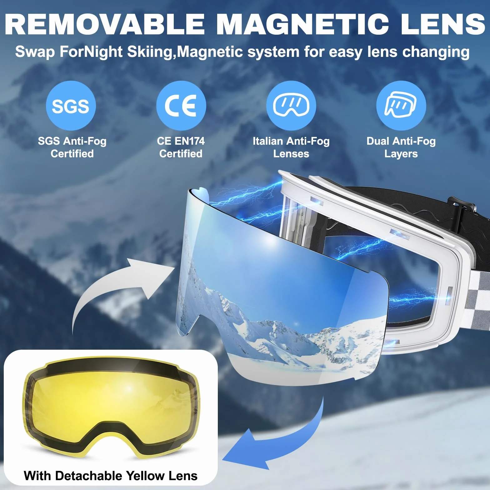 Kit de Lunettes de Ski Magnétique avec 2 Écrans Détachables, Design Torique, Anti-UV, Anti-buée