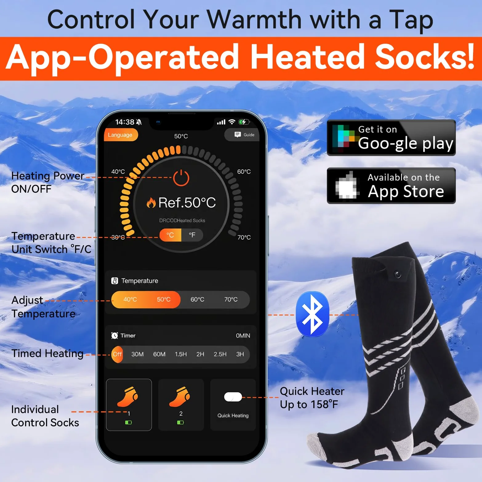 Ninonly Chaussettes Chauffantes pour Hommes Femmes 8500mAh Contrôle par APP 4 Niveaux de Chauffage Batterie Chaussette Chauffante Rechargeables pour Ski, Randonnée, Camping Activités M