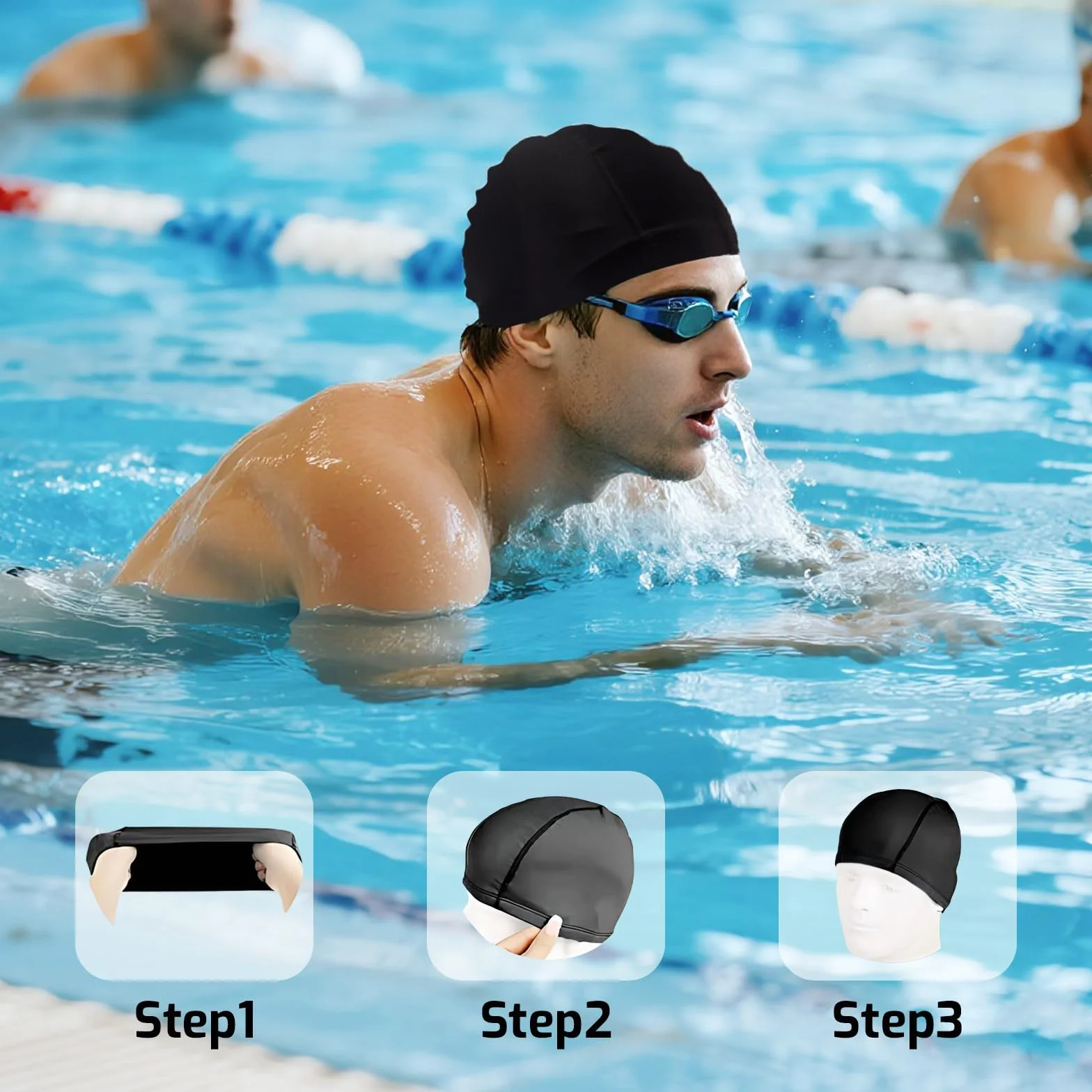 Bonnet de Bain Noir Homme Femme Piscine Tissu Souple Élastique Swimming Cap