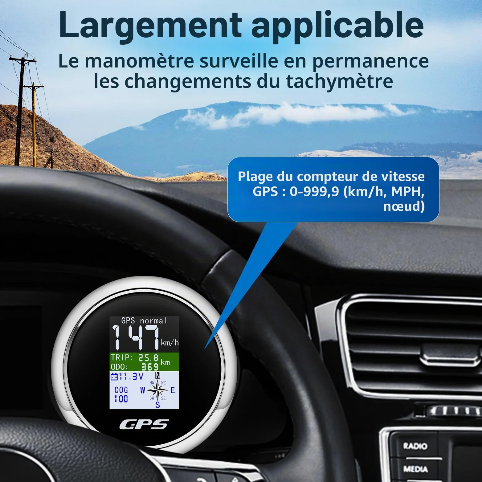 Compteur de vitesse et compteur de vitesse GPS numérique 85 mm avec compteur kilométrique, étanche IP67 pour voiture, bateau, yacht - 12 V/24 V