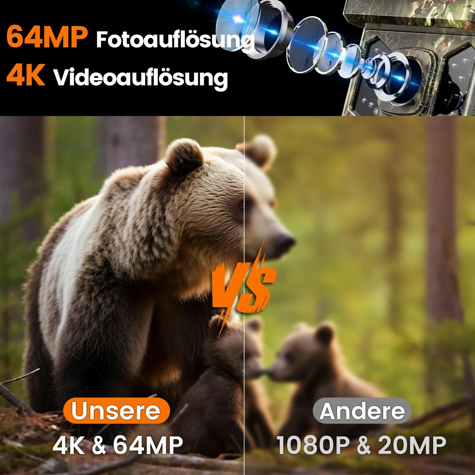 XTU Caméra de chasse avec application de transmission de téléphone portable, caméra Wi-Fi 2,7 K avec détecteur de mouvement, vision nocturne, carte SD de 32 Go, étanche IP66, batterie au lithium