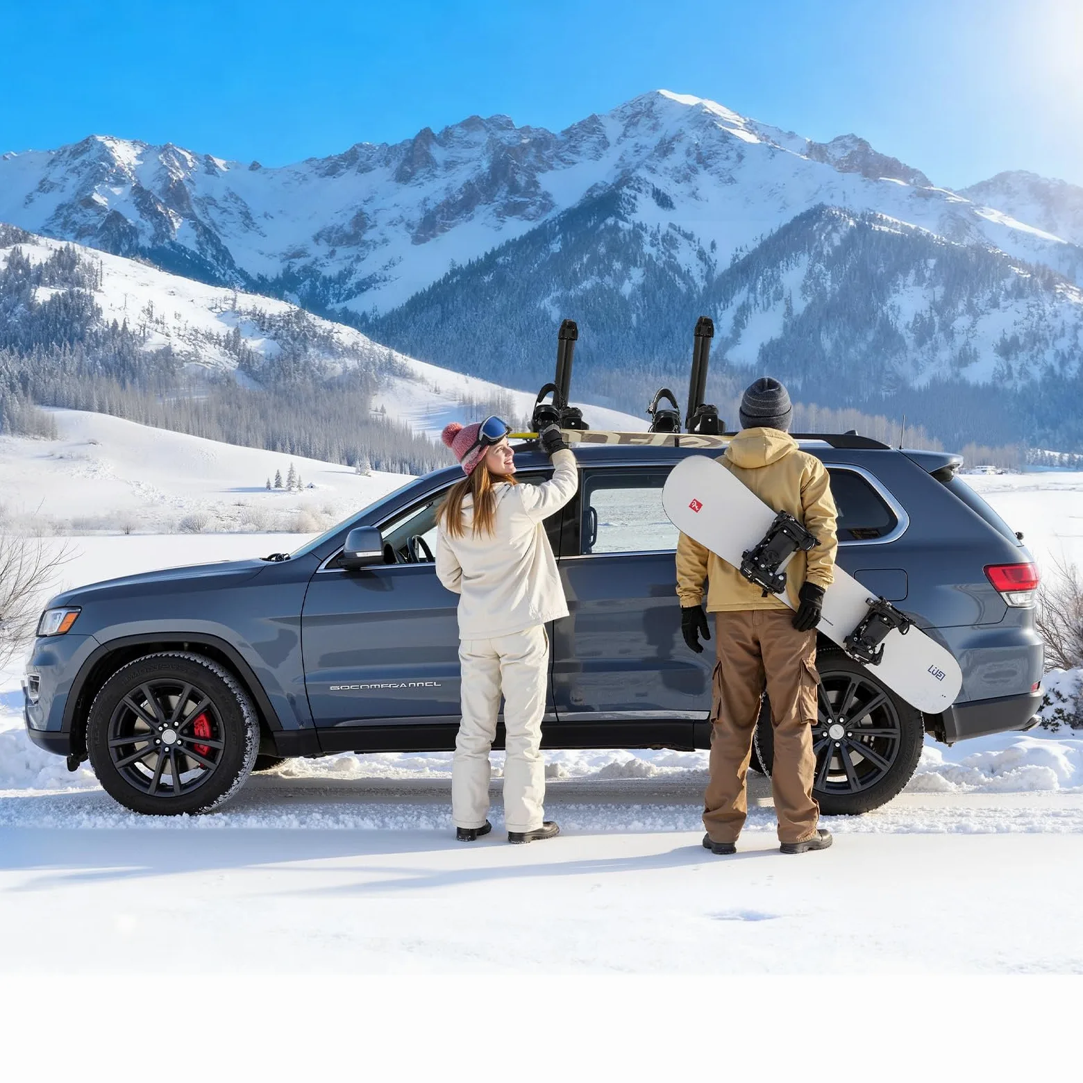 VEVOR Porte-skis sur barre de toit 465 mm, support pour planche à neige universel en aluminium avec verrou, capacité 4 paires de skis ou 2 planches, compatible avec la plupart des barres transversales