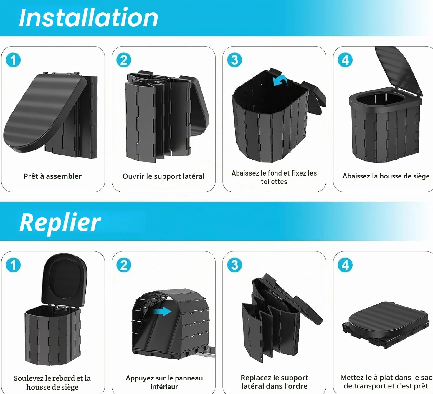 Toilettes de camping portables pliables étanches pour adultes et enfants, pot noir