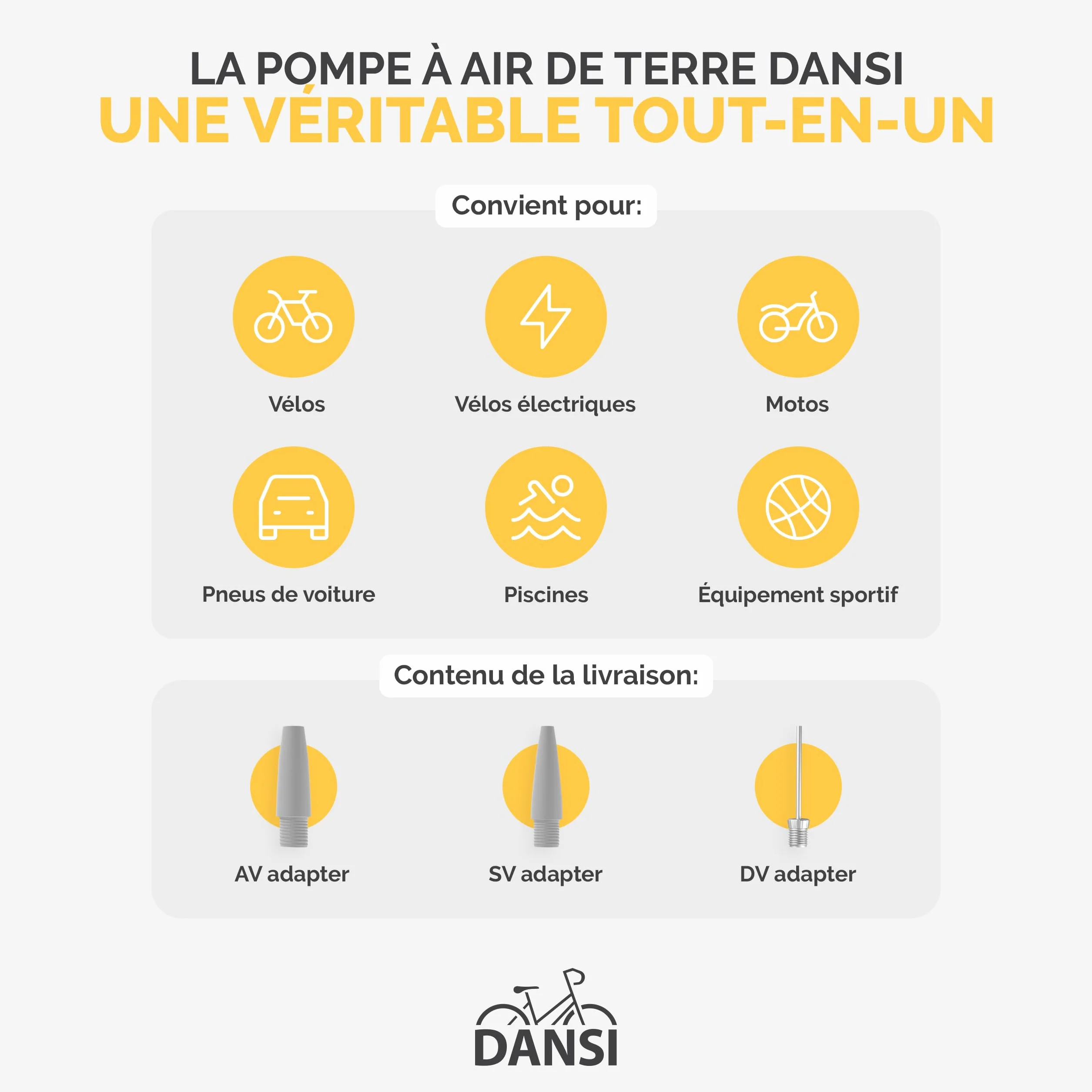 DANSI Pompe à vélo à Pied Toutes valves AV, SV, DV avec Grand manomètre