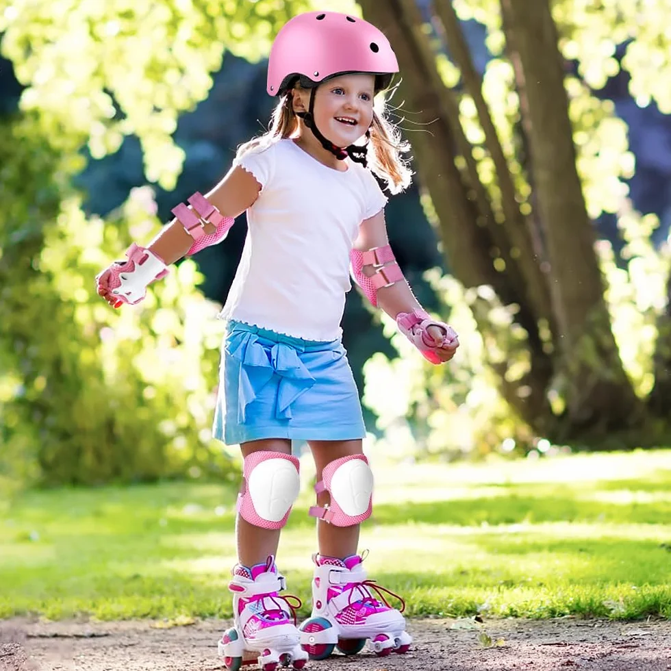 Mizikuu Protection Roller Enfant 7 en 1 Casque Vélo Kit Coudières Genouillère Protège Poignets pour 3-7 Ans Skateboard BMX Patin à Glace Rose