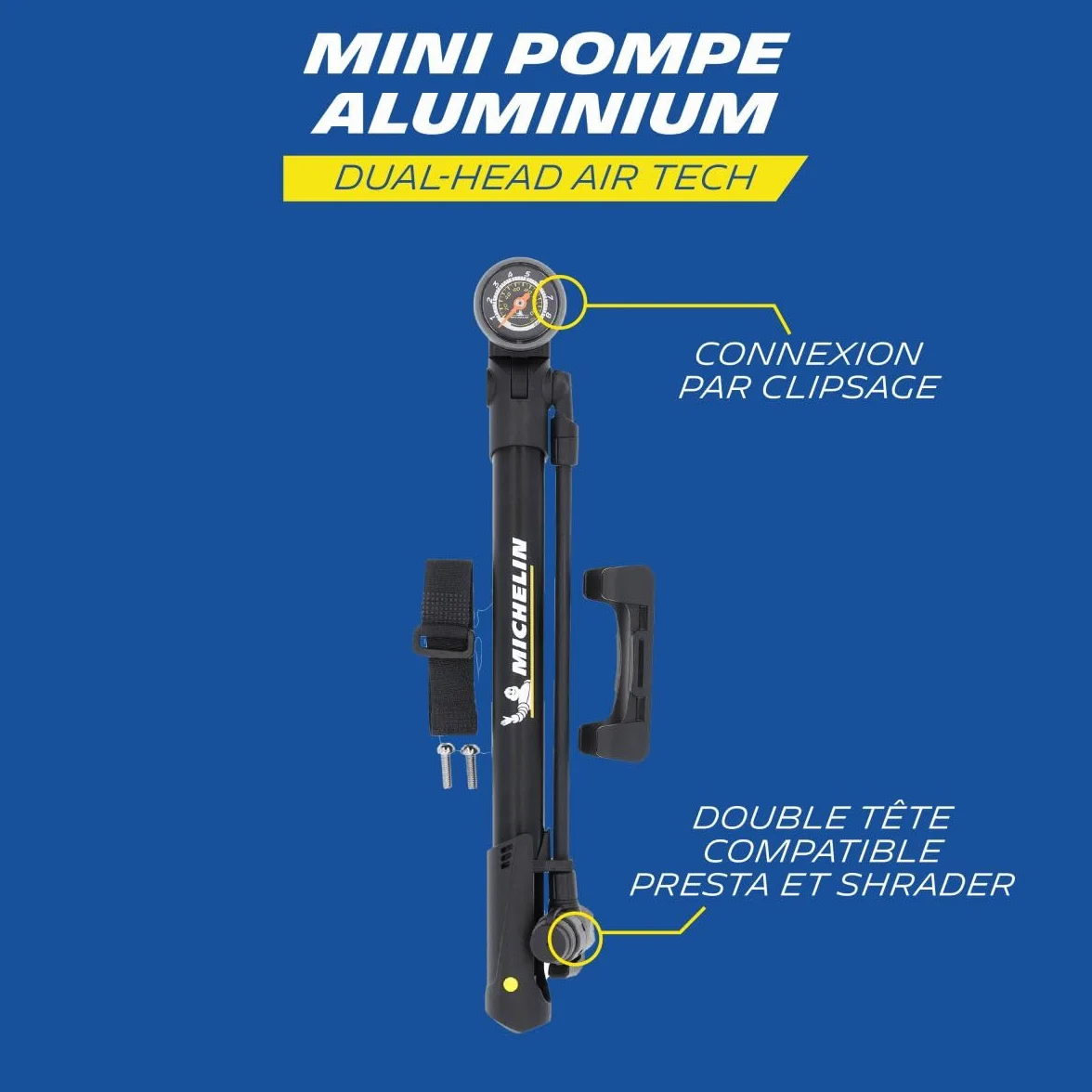MICHELIN Mini Pompe Aluminium Convertible AIR Tech Pro - Manomètre Analogique - pour VTT, VTC, VAE, Vélo Enfant - 157g