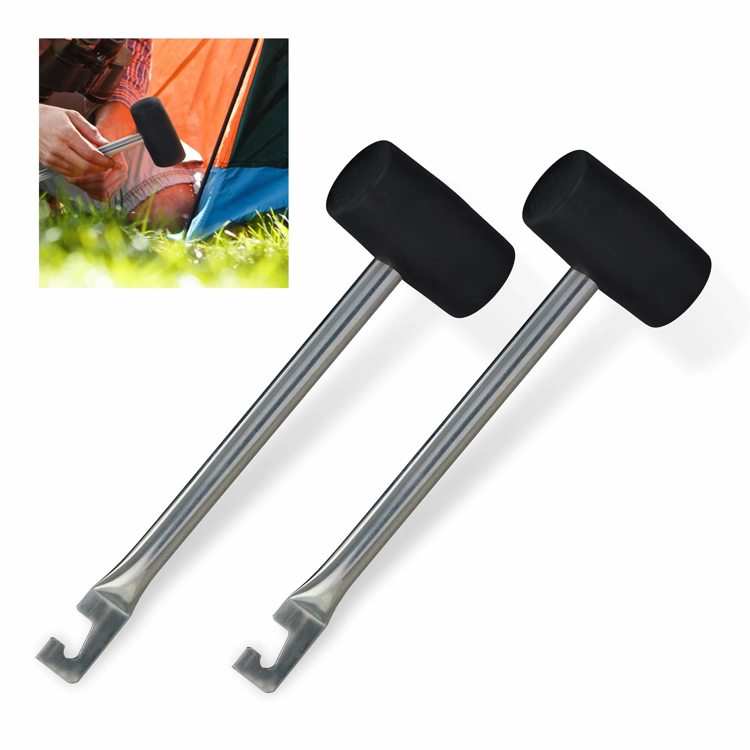 Relaxdays Marteau de camping lot de 2 28,5 cm caoutchouc fer argenté-noir