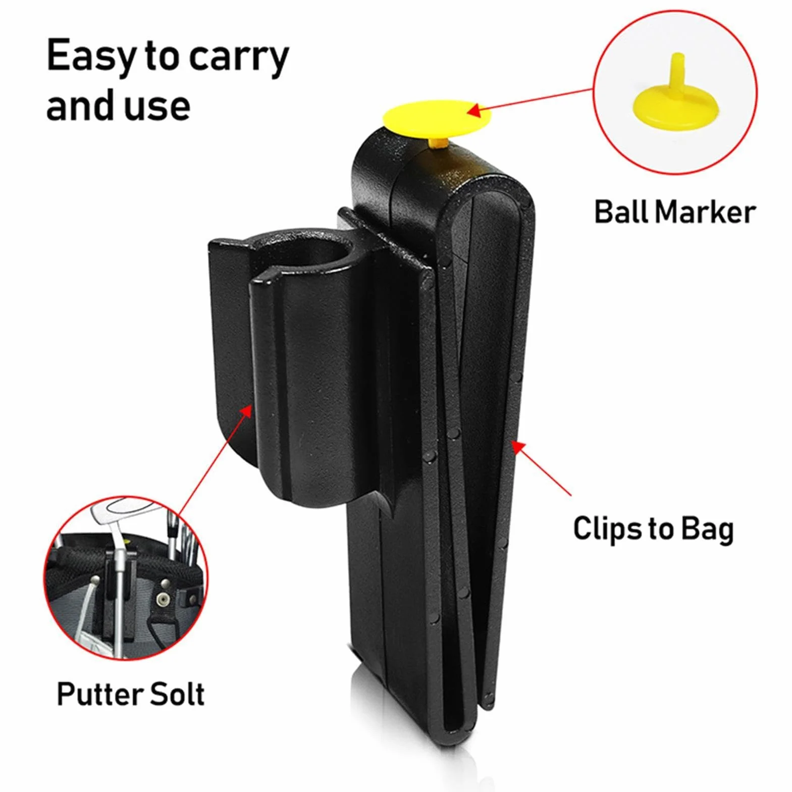 Clip pour sac de golf sur support putter - Golf Putter Clip | Support de putters multifonctionnel avec marqueur de balle - supports léger pour poignée de parapluie, perche à selfie, canne et