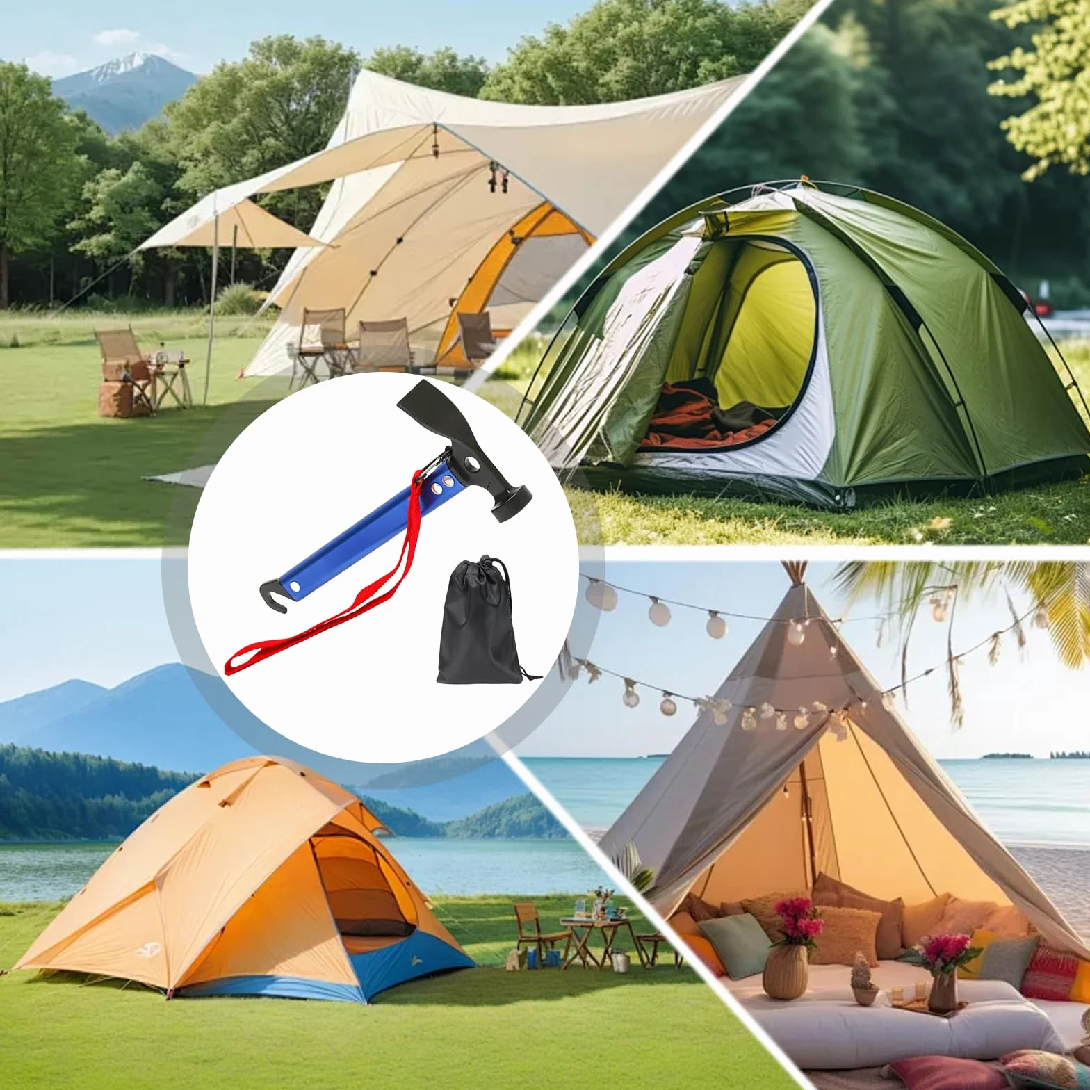 Marteau de camping 30,5 cm aluminium avec crochet et mini-pioche pour piquets de tente Bleu