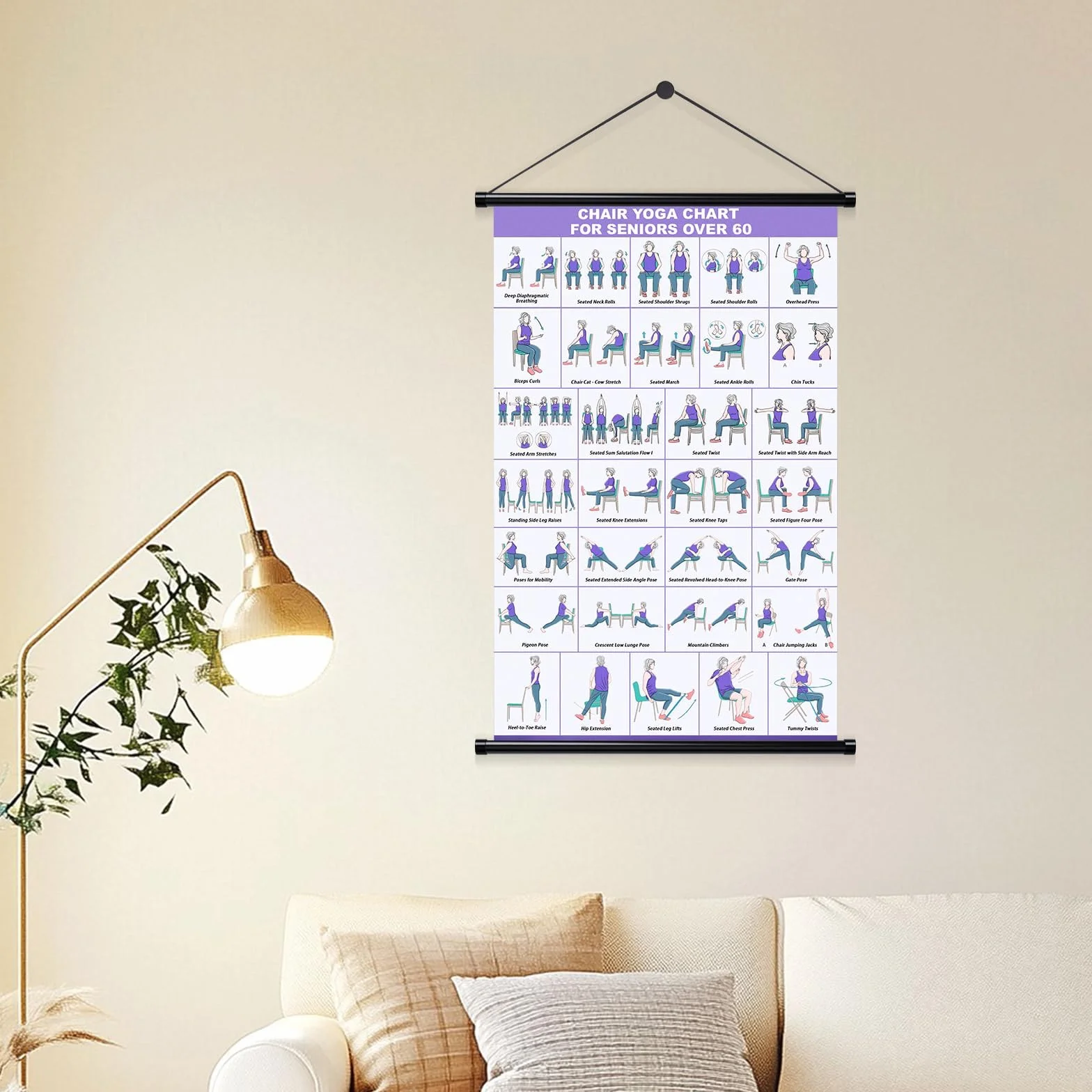 Affiche de yoga sur chaise pour seniors débutants – tableau mural en tissu avec barres de suspension – guide étirement sport maison