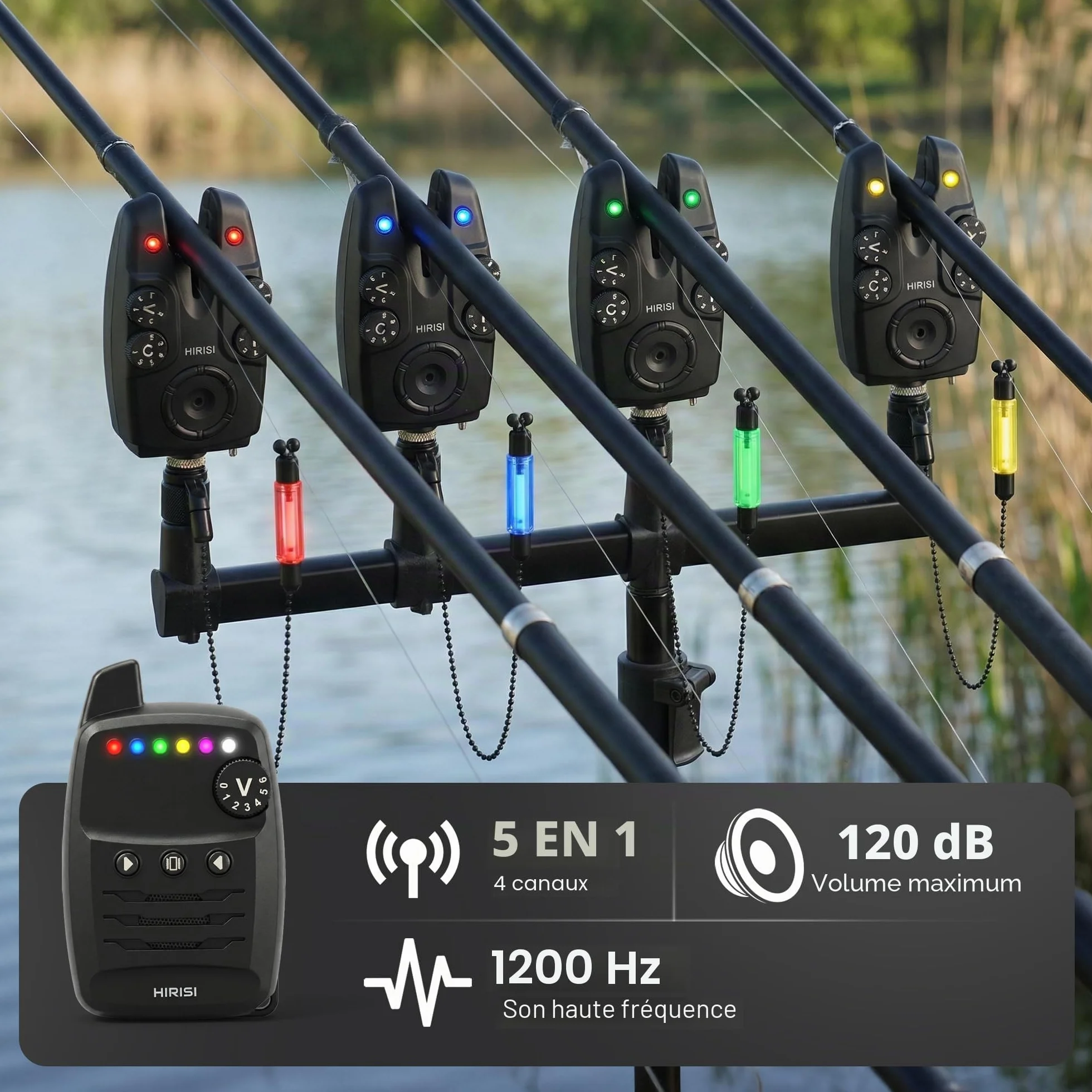 Hirisi Tackle Lot de détecteurs de touche pour carpe avec télécommande sans fil, 6 couleurs réglables, sensibilité, volume et son, cordon inclus