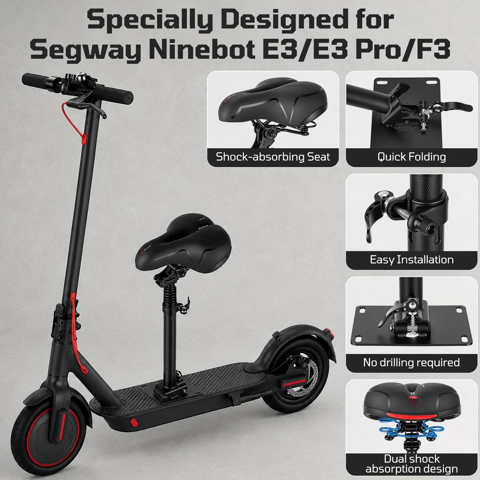 Siège Trottinette Électrique, Compatible avec Segway Ninebot F3/E3/E3Pro | Siège Pliable et Réglable en Hauteur pour Adultes Hauteur D'assise 45 à 65cm Amortisseur Portable avec Bandoulière