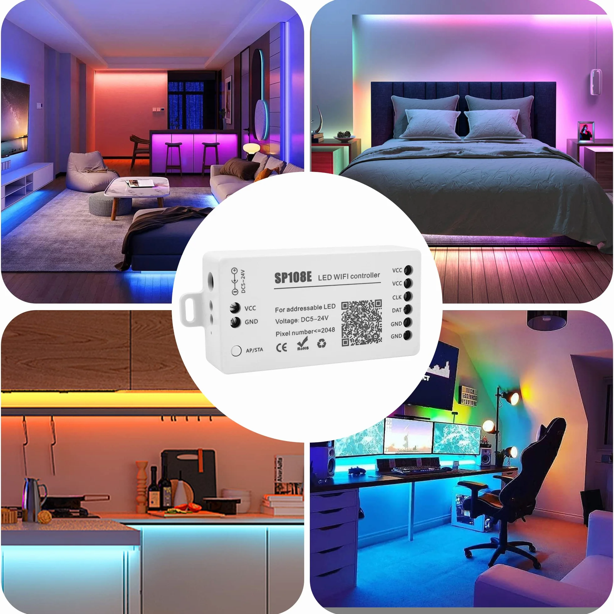 VIPMOON SP108E Contrôleur LED WIFI DC 5V-24V pour Bande LED SK6812 WS2812 WS2813 WS2815 AL2815