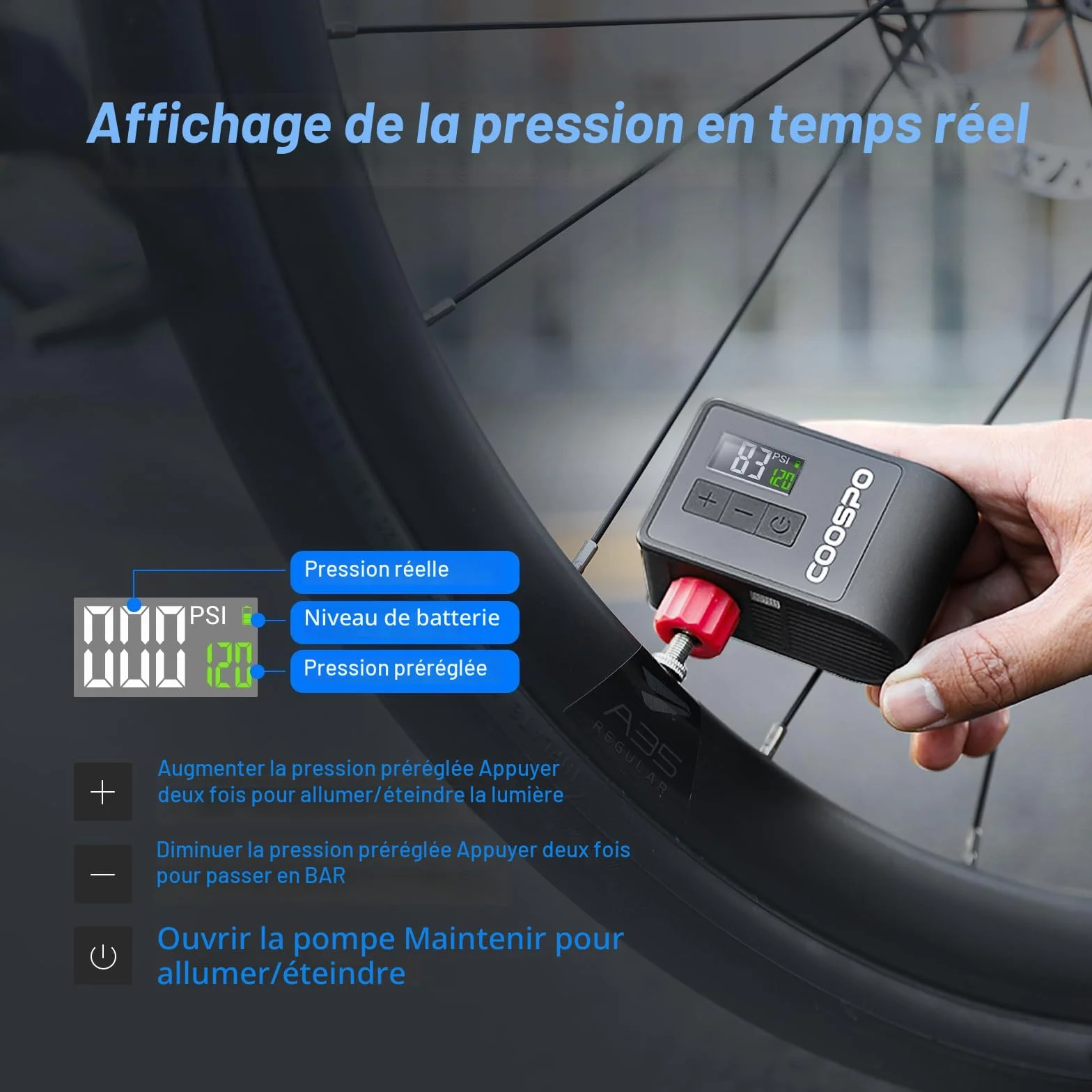CooSpo Pompe à Velo Electrique, Mini Pompe Portable, Max 120 PSI avec Valves Presta Schrader