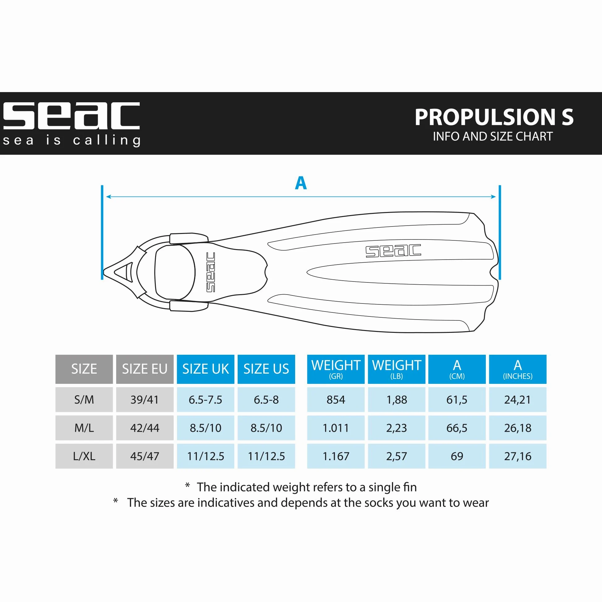 SEAC Propulsion S, Palmes de plongée avec Sangle élastique, Made in Italy