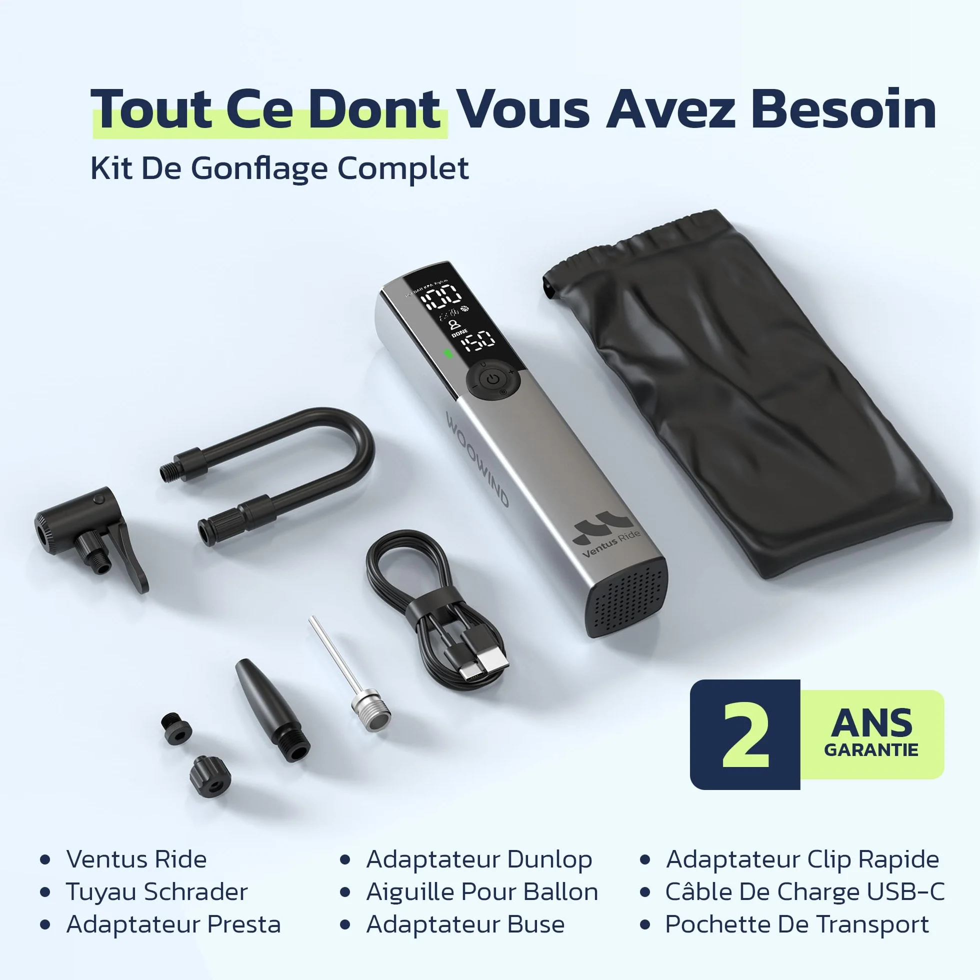 Woowind Ventus Ride Pompe a Velo Electrique 150 PSI 10.3 Bar Compresseur Portatif Compatible Presta Schrader Dunlop