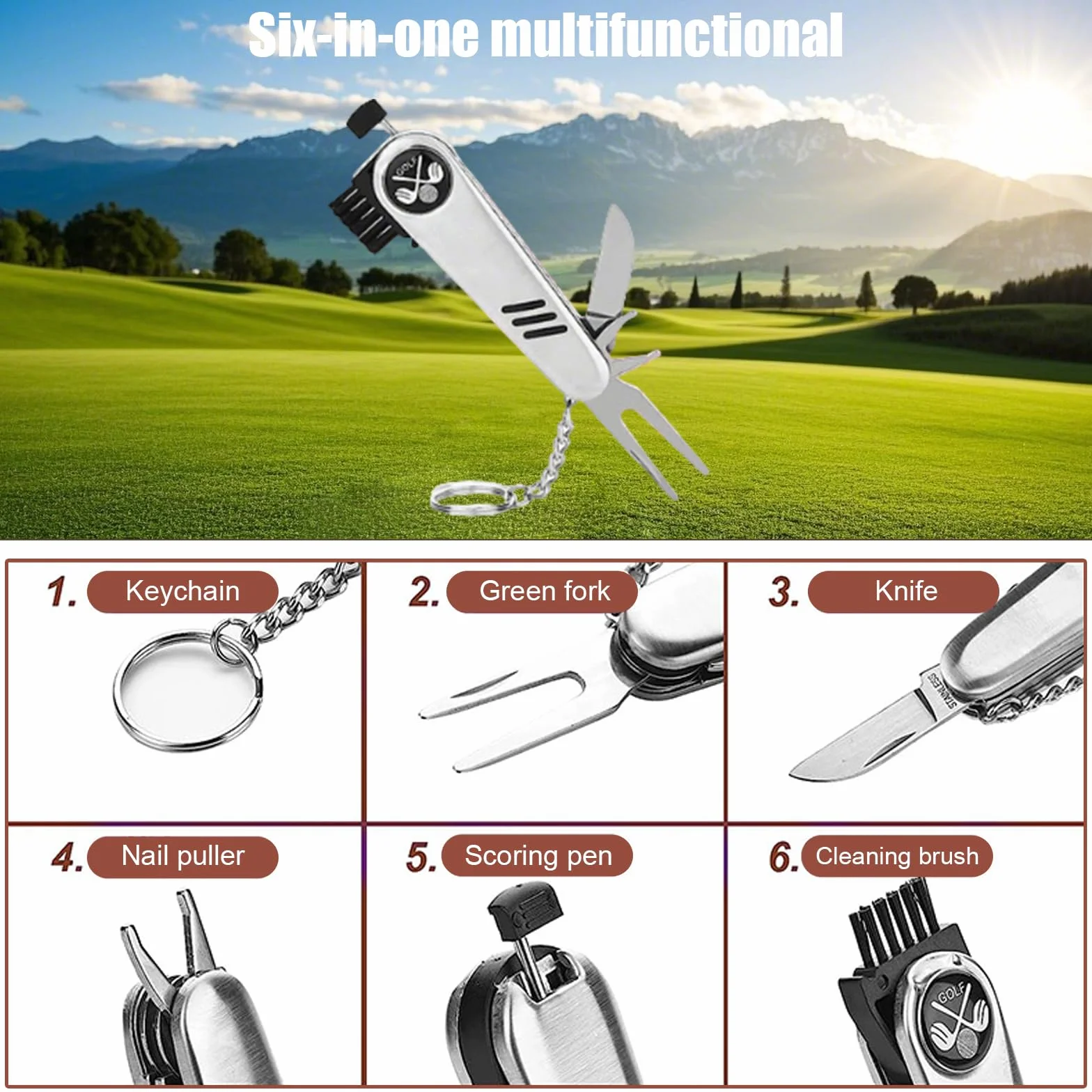 Kit Accessoires de Golf Homme Femme, Sac Multifonctionnel 7 en 1 avec Trousse PU, Cadeau pour Golfeur Complet Brosse Nettoyage, Rampasse-Ball, Fourchette de Green