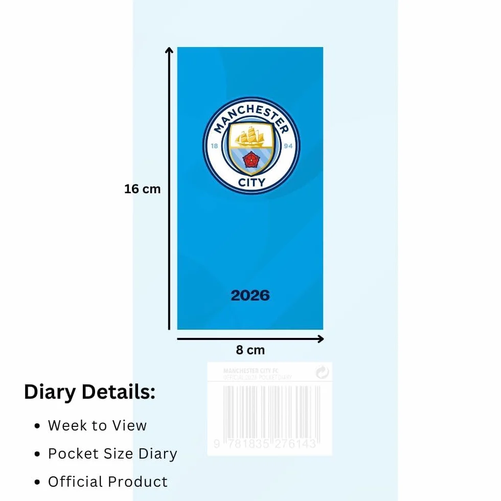 Agenda 2026 de poche fin Manchester City FC - Semainier avec autocollants d'organisation inclus
