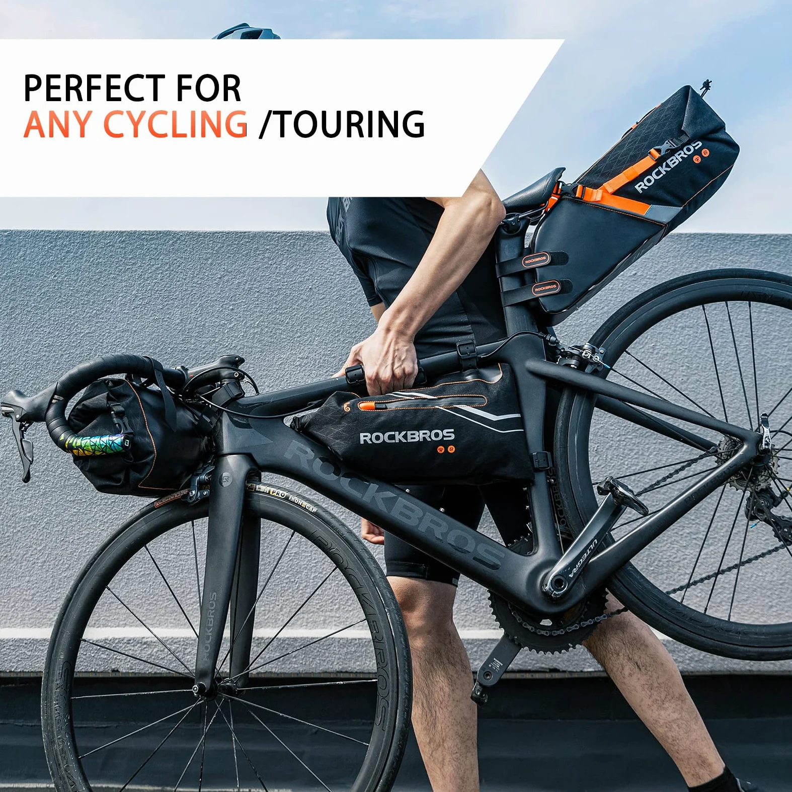 ROCKBROS Set de Sacoche de Vélo : Sacoche de Guidon + Sacoche de Selle, Bikepacking 3,5L + 10L Grande Capacité Étanche, Noir Orange