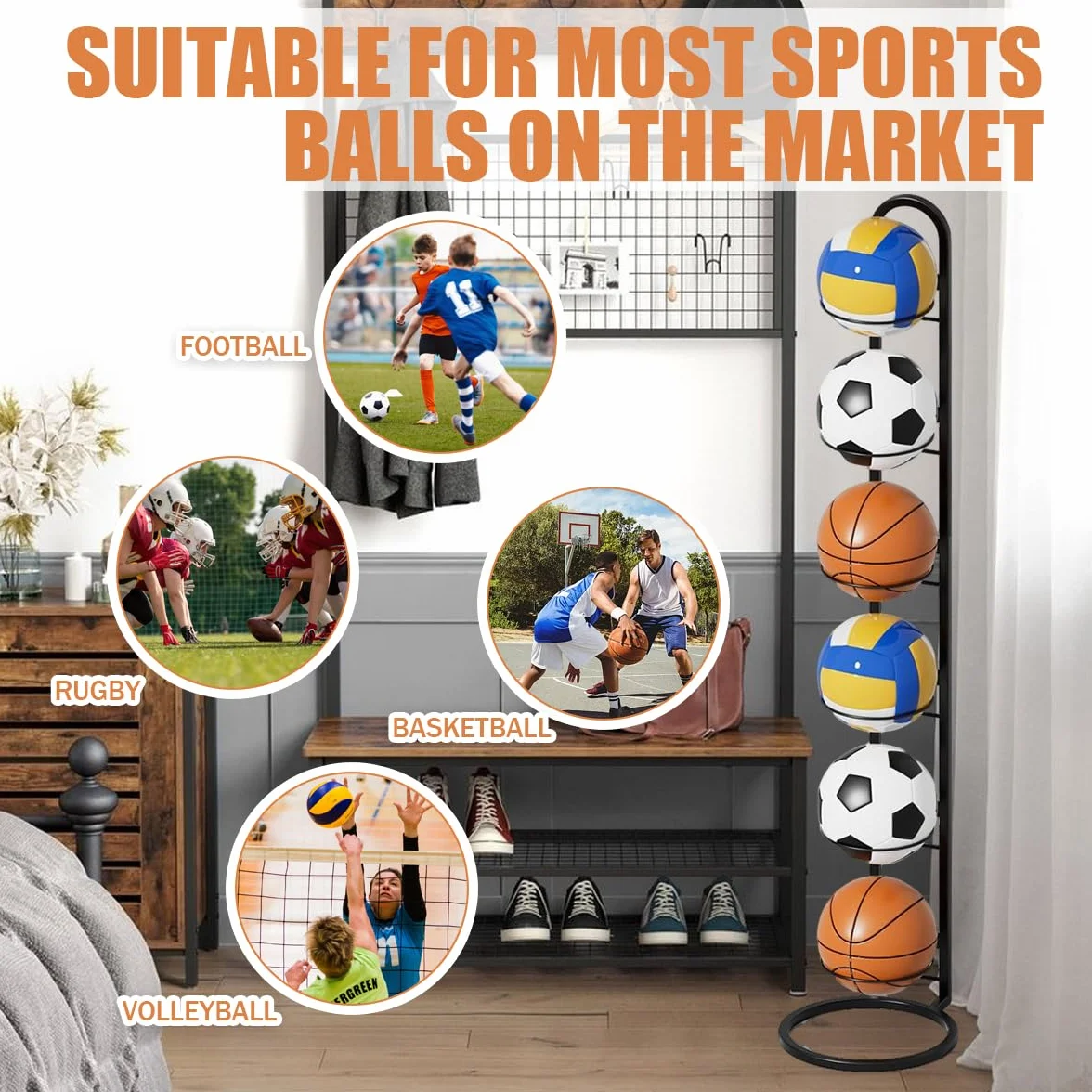 Support Ballon Basket en Métal 6 Niveaux, Rangement Vertical, Porte Ballon Amovible pour Football, Basketball, Volleyball, Rugby