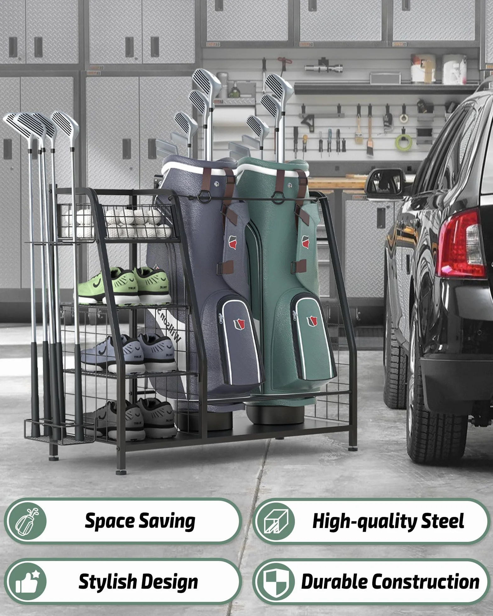 Support de Rangement pour Sac de Golf Double Organiseur avec Roues verrouillables