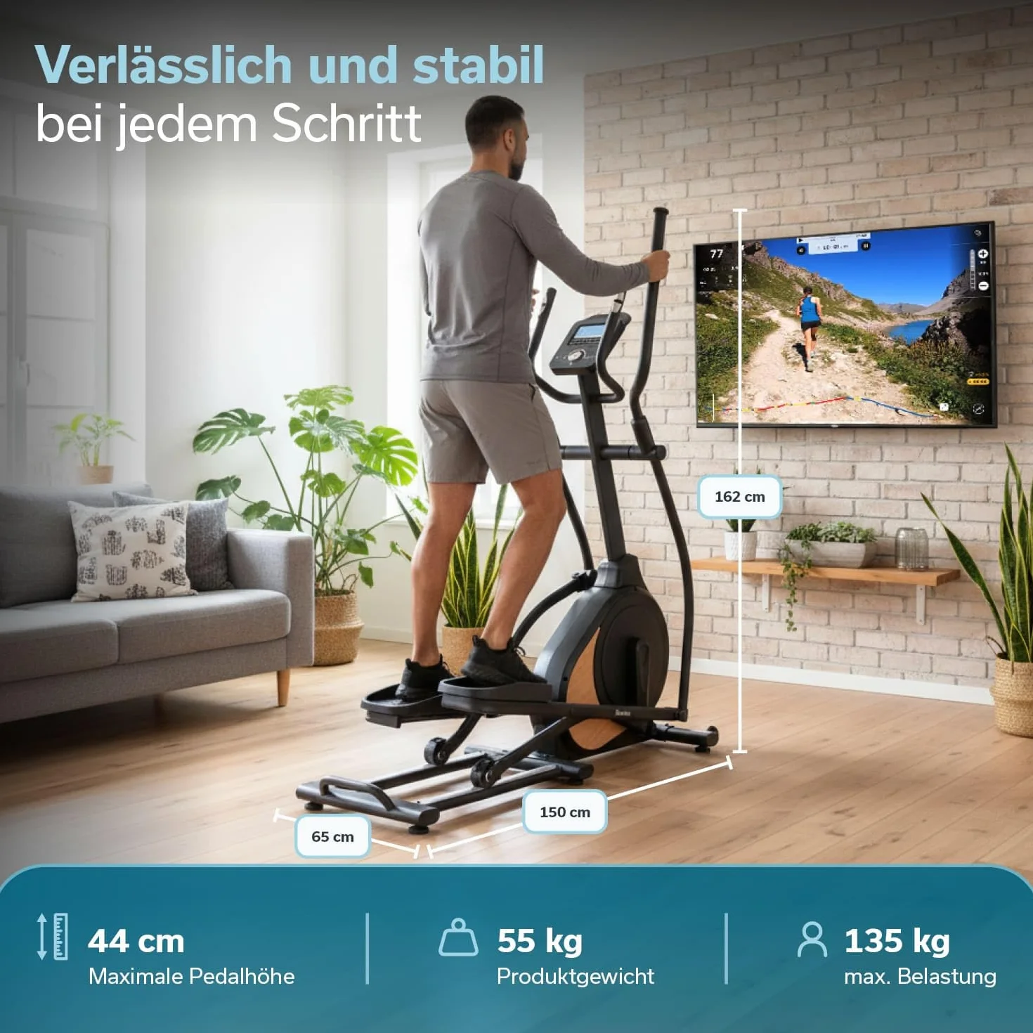 Skandika Vélo elliptique Carbon P18, 32 Niveaux de résistance, 13 programmes, écran LCD, Max 135KG