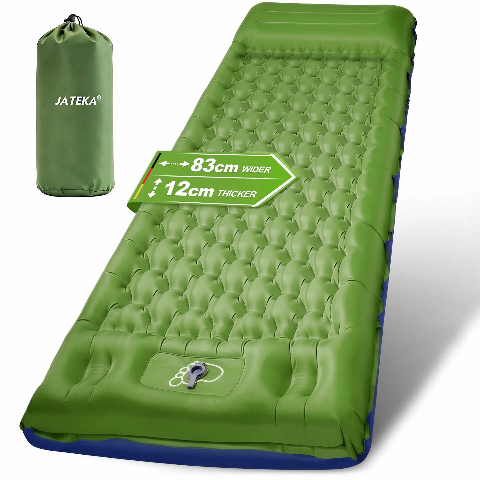 JATEKA Matelas Gonflable 1 Place 83cm Ultra Léger avec Oreiller Pompe à Pied Résistant à l'eau Bleu Verdâtre