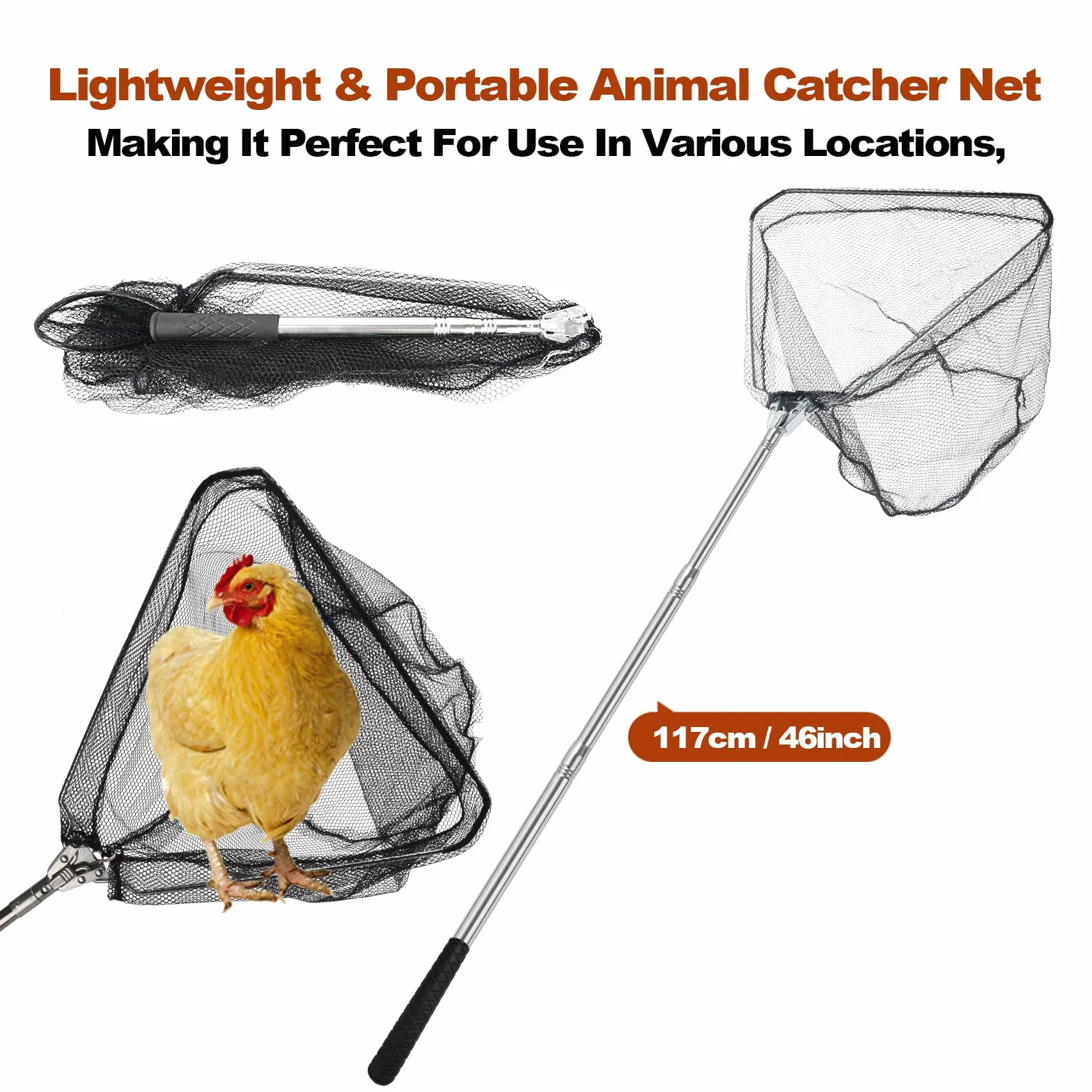 Filet de capture de poulet, filet animal avec poteau extensible en acier inoxydable de 117 cm, filet à poulet pour poulets, canards, oiseaux, chats, chiens, résille, attrape-poulet pour